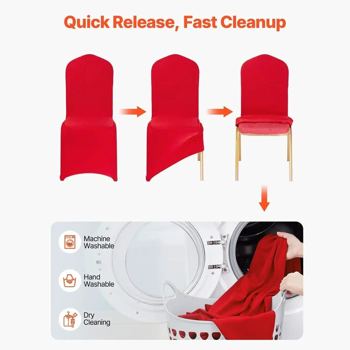 Elegant red polyester stretch chair covers by Doba, designed for weddings, providing a sleek and fitted look for banquet chairs.