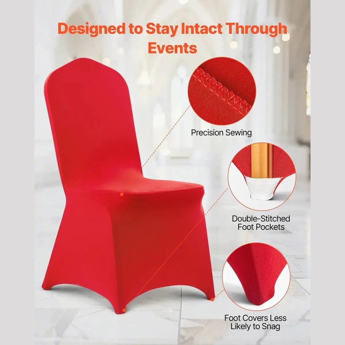 Elegant red polyester chair covers by Doba, premium stretch fit for weddings, designed to enhance event decor.