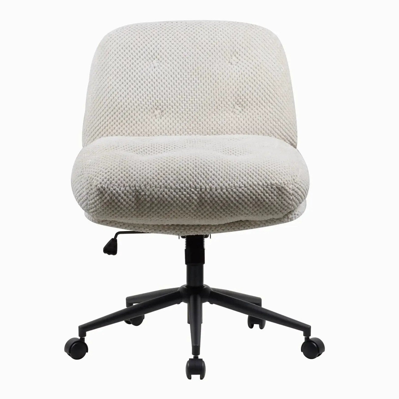 Doba white plush cotton candy ergonomic office chair with criss-cross design, lumbar support, and swivel for comfort and productivity.
