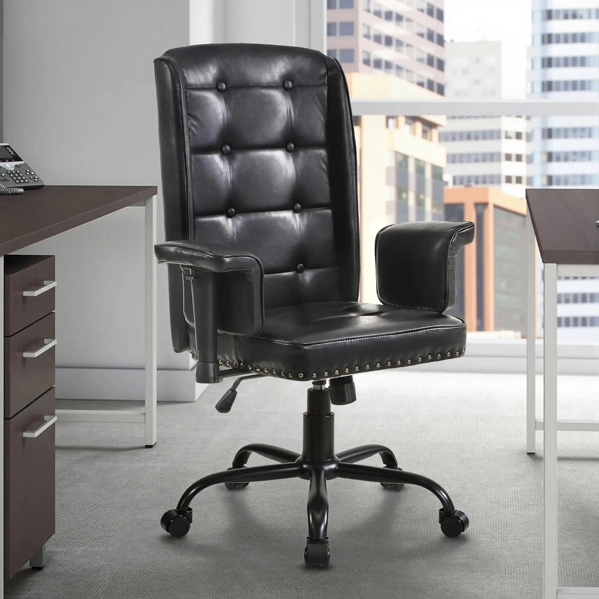 Black ergonomic high-back executive office chair with adjustable height and swivel for home office comfort and support.