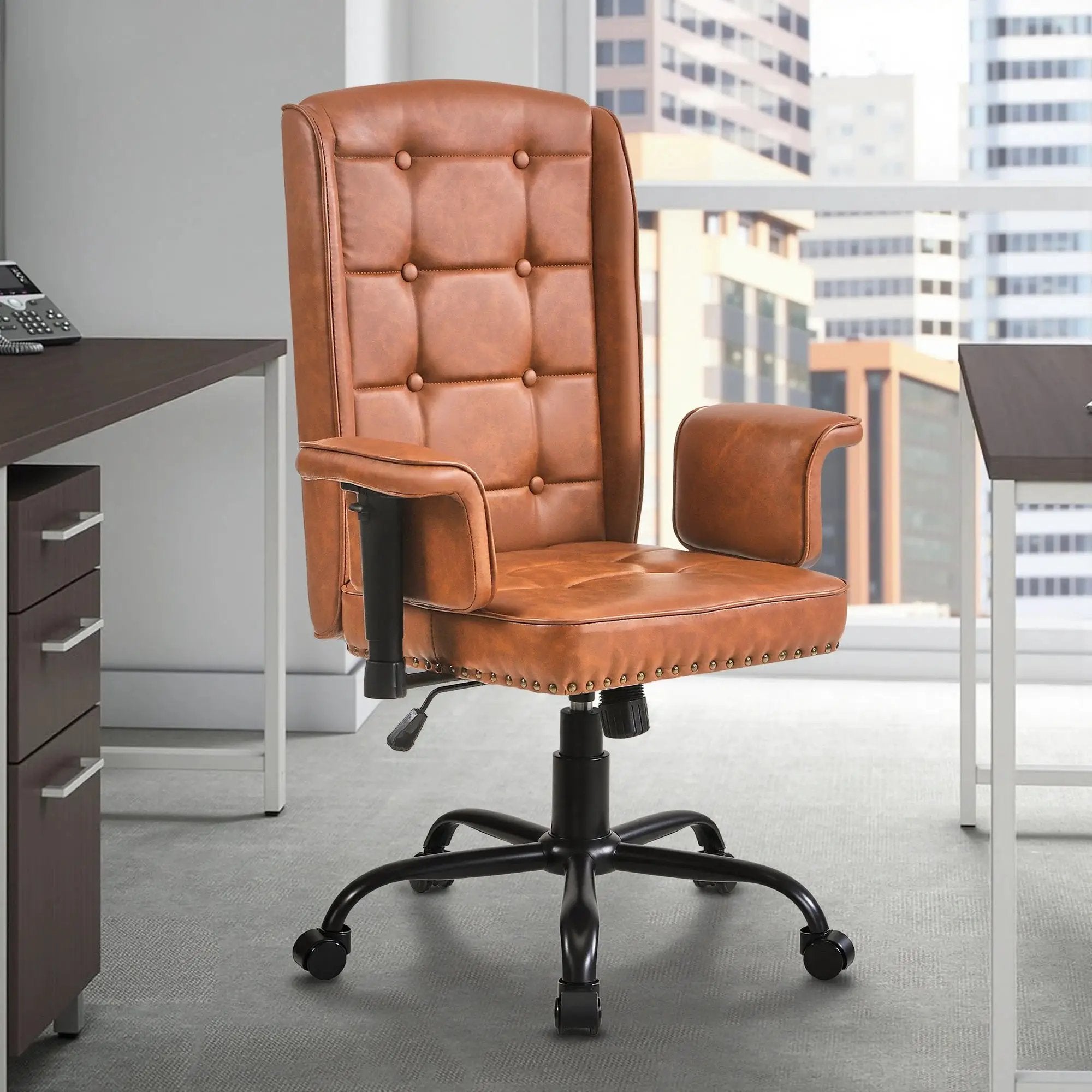 Black ergonomic high-back executive office chair with adjustable height, swivel base, and padded armrests for home office comfort.