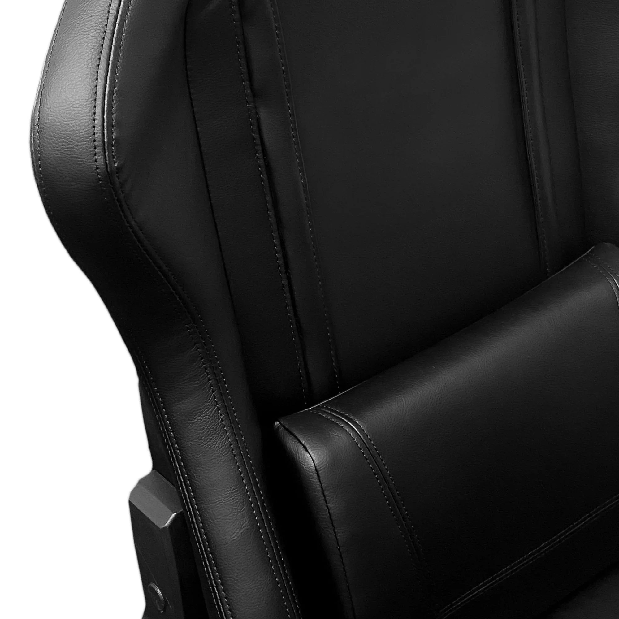 Close-up of black ergonomic office chair with adjustable lumbar support and premium upholstery