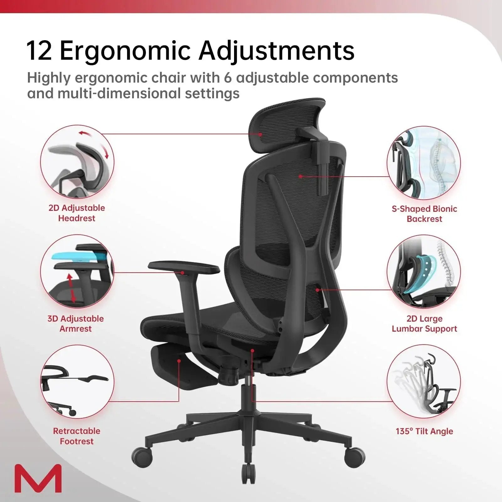 M2 MT Adaptive Ergonomic Office Chair With Lumbar Support And Footrest by Doba