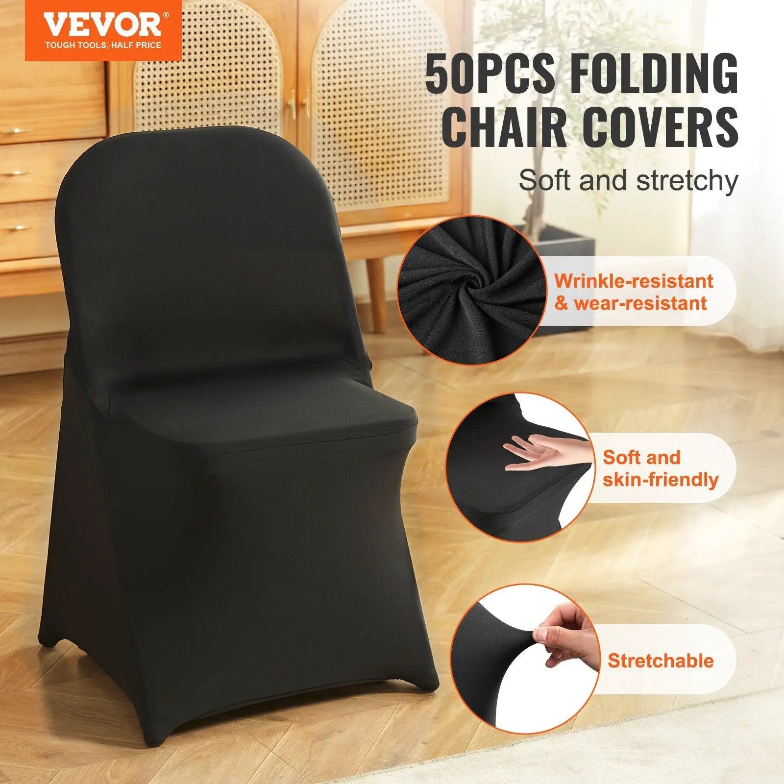 Stretch Spandex Folding Chair Covers, Universal Fitted Chair Cover, Removable Washable Protective Slipcovers, for Wedding, Holiday, Banquet, Party, Celebration, Dining (50PCS Black) by Platinum-Level Office Chairs