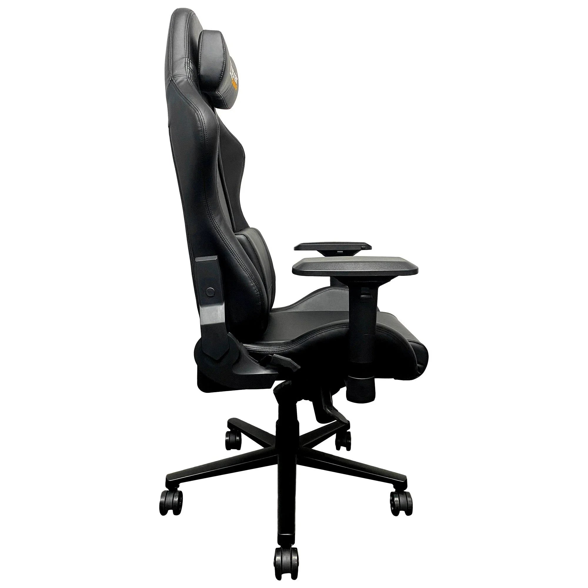 Ergonomic black office chair with adjustable armrests and headrest, side view