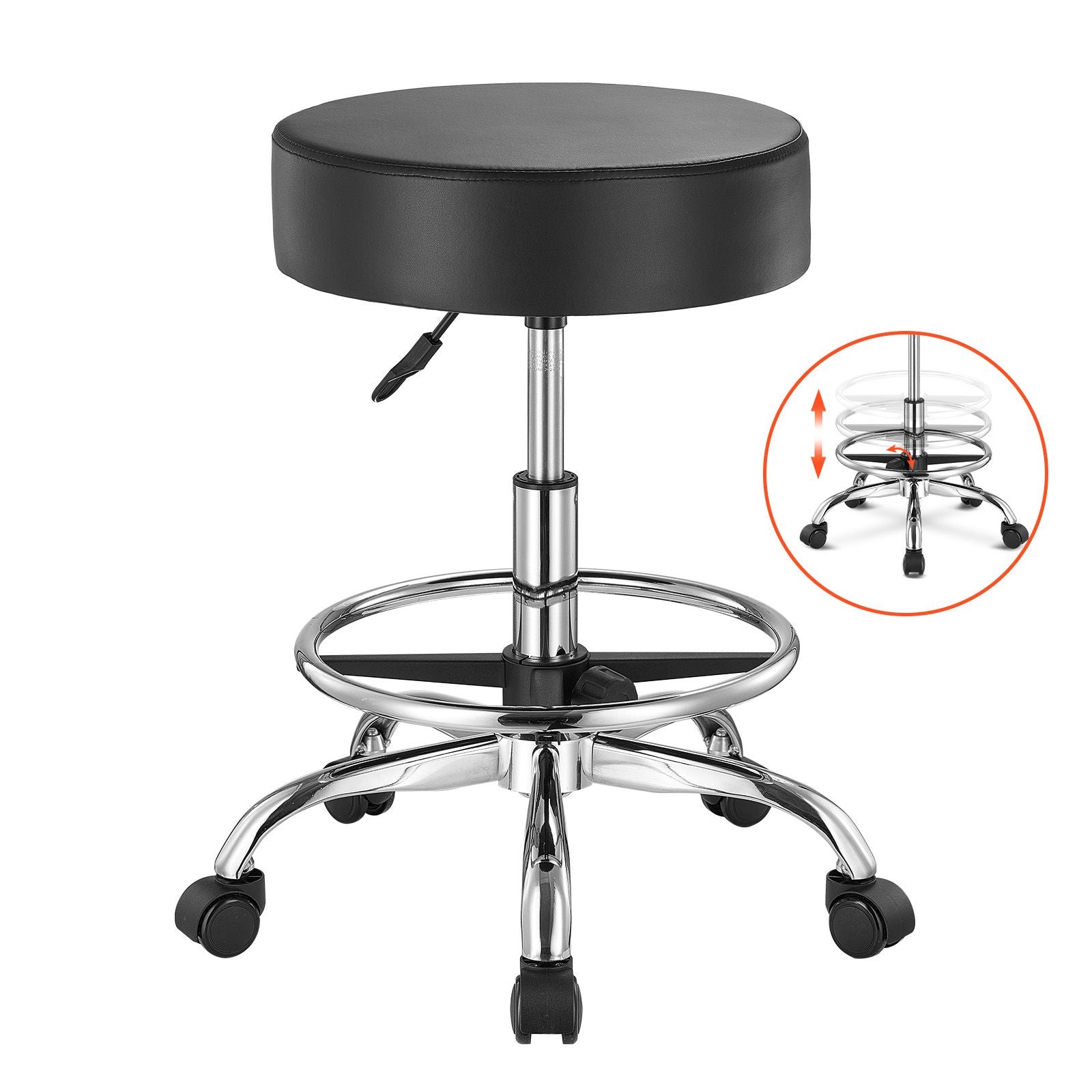 Rolling Stool with Foot Rest and Wheels, 450 LBS Weight Capacity Round Rolling Stool Chair, Height Adjustable Thickened PU Leather Swivel Stool for Salon, Spa, Massage, Tattoo, Clinic, Black by Platinum-Level Office Chairs