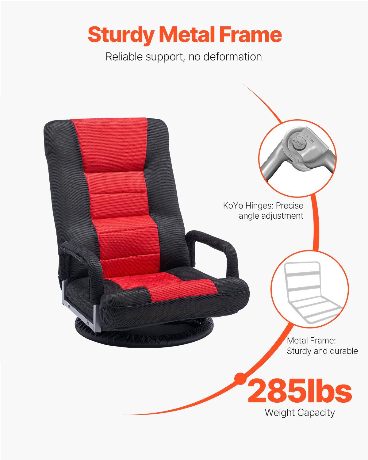 Swivel Floor Gaming Chair with Armrests, 360-Degree Rotating Floor Chair with 6 Adjustable Position Folding Backrest and Lumbar Support, Folding Video Reclining Sofa for TV Reading, Red Black by Platinum-Level Office Chairs