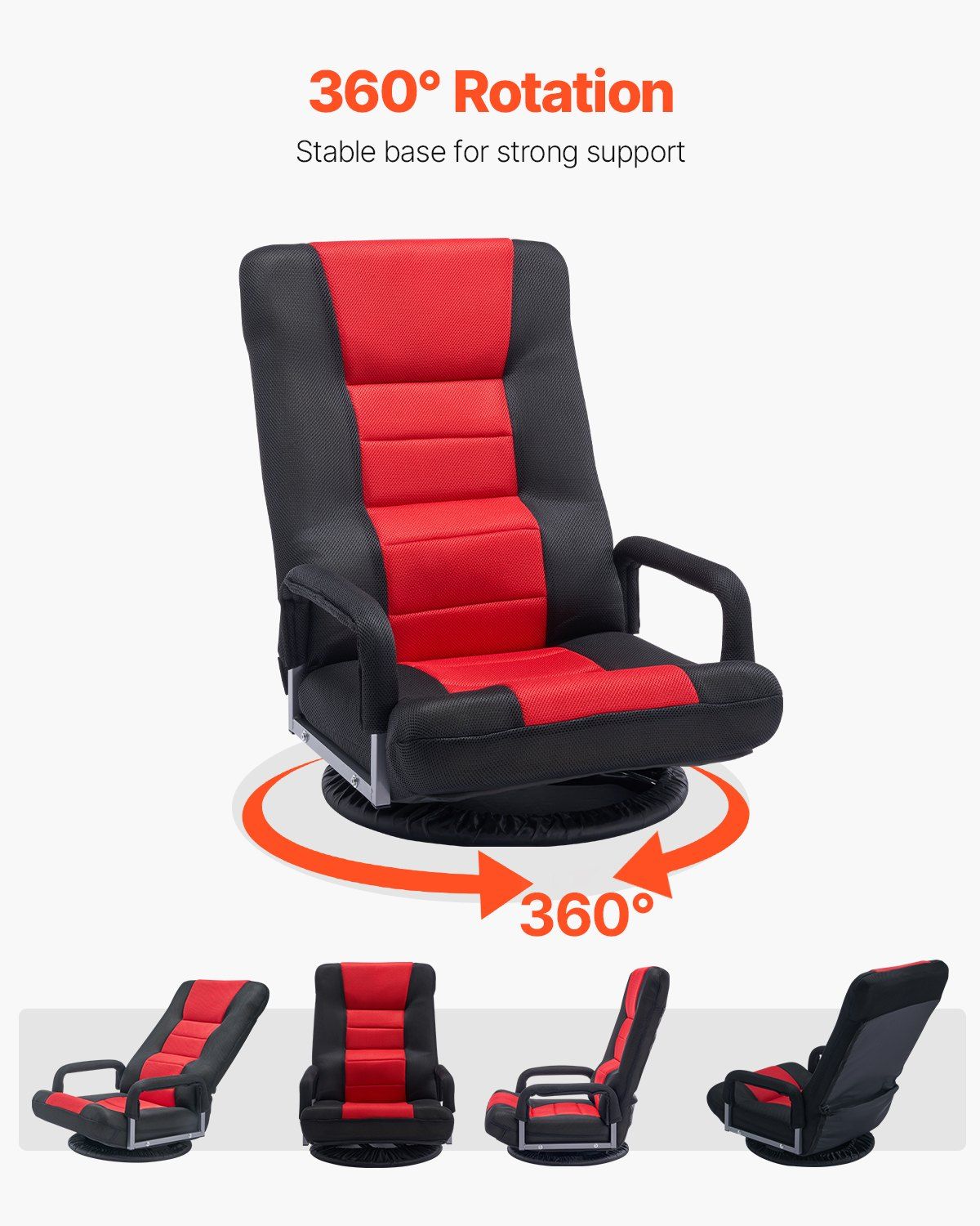 Swivel Floor Gaming Chair with Armrests, 360-Degree Rotating Floor Chair with 6 Adjustable Position Folding Backrest and Lumbar Support, Folding Video Reclining Sofa for TV Reading, Red Black by Platinum-Level Office Chairs