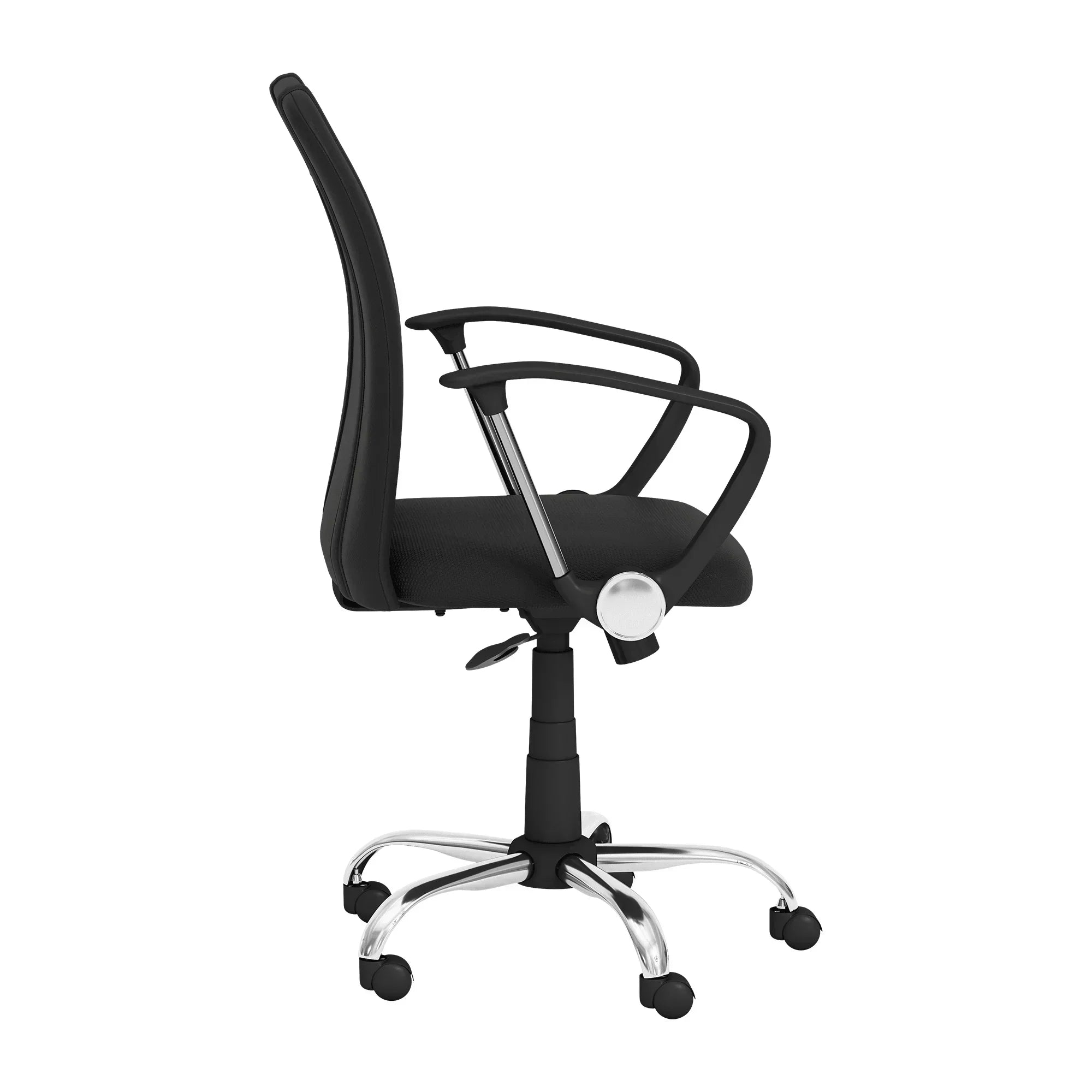 Ergonomic black office chair with mesh back, adjustable arms, and chrome base