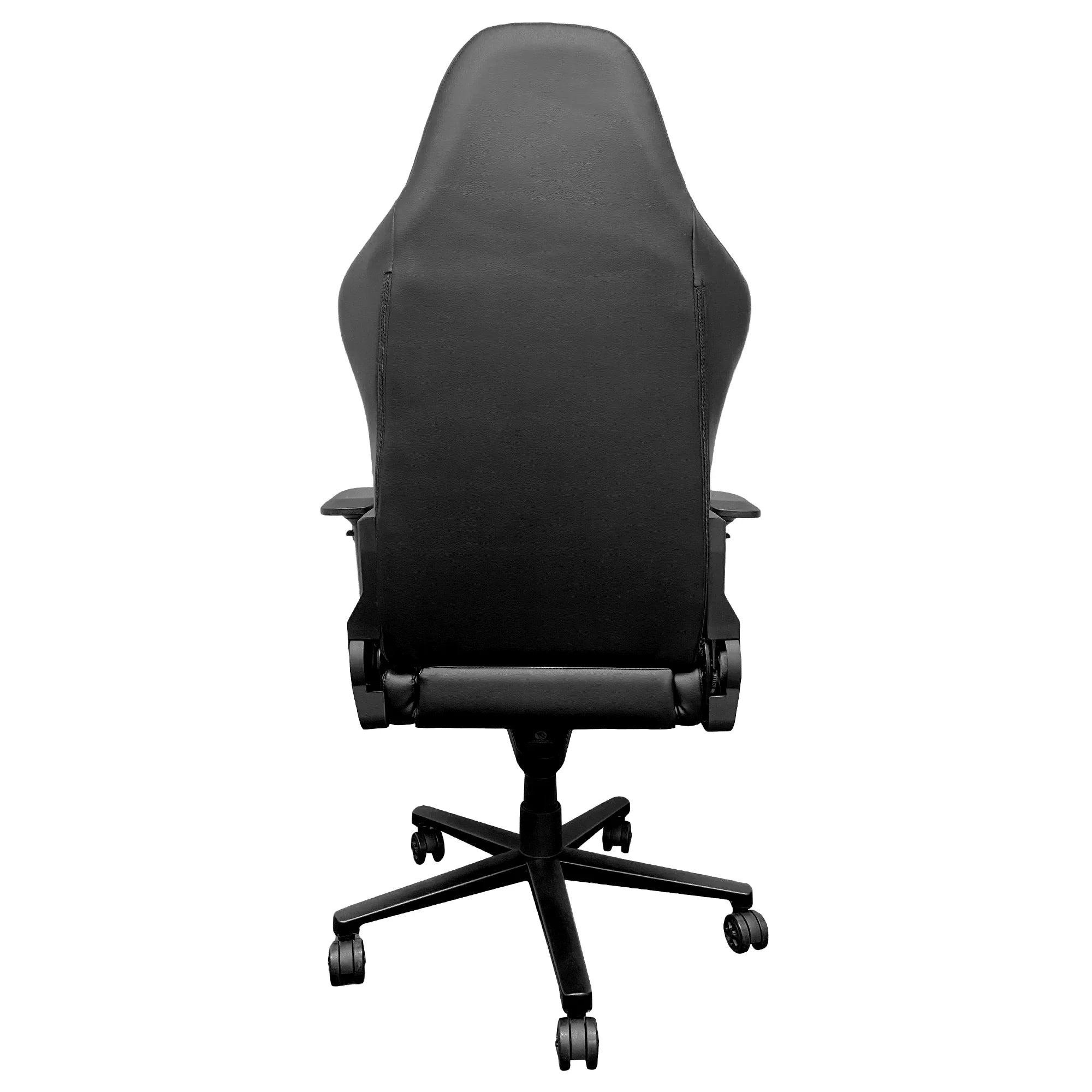 Ergonomic black office chair with high backrest and adjustable armrests, rear view
