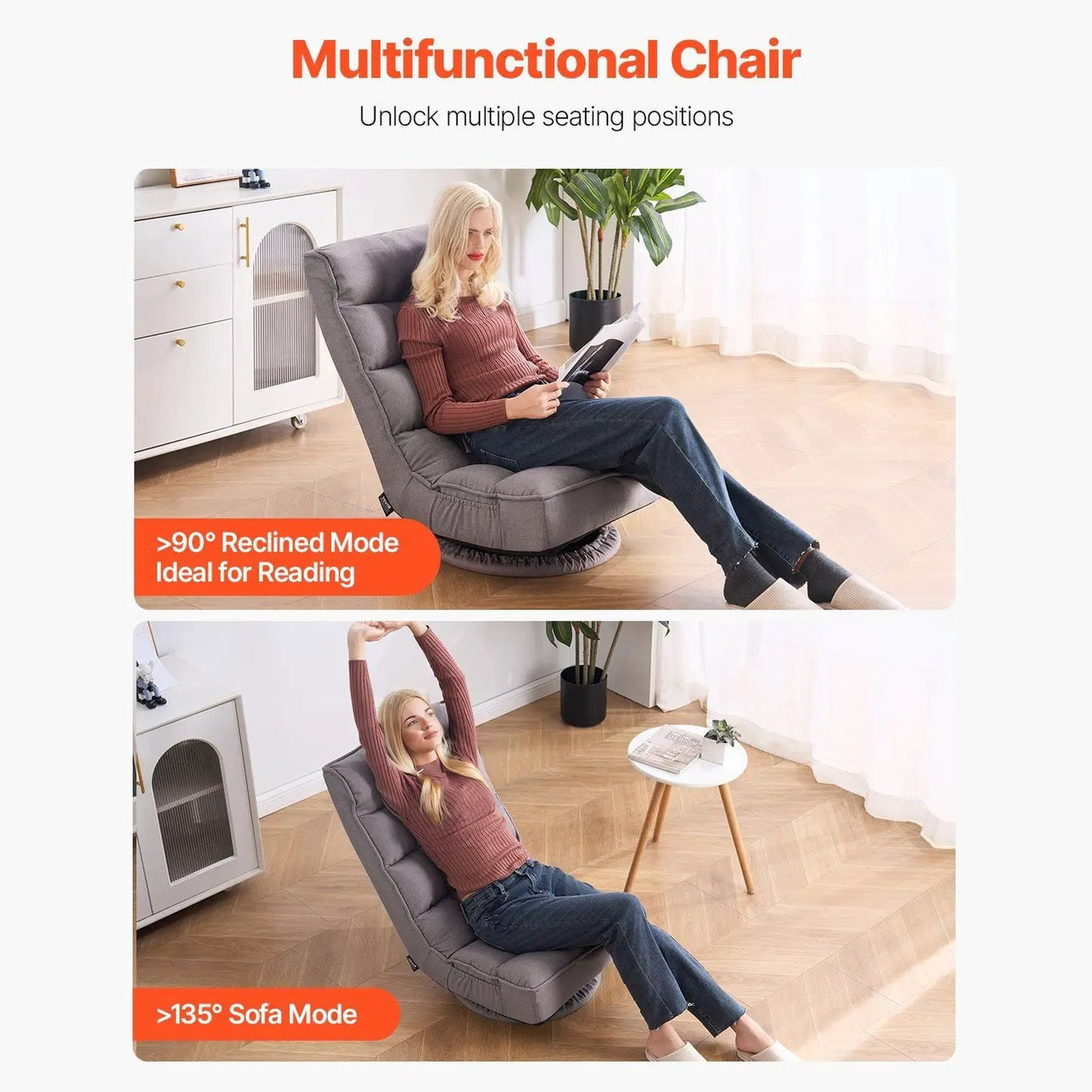 Swivel Floor Gaming Chair, 360-Degree Rotating Floor Chair with 4 Adjustable Position Folding Backrest and Lumbar Support, Folding Video Reclining Sofa for Watching TV Reading Playing Game, Gray by Platinum-Level Office Chairs