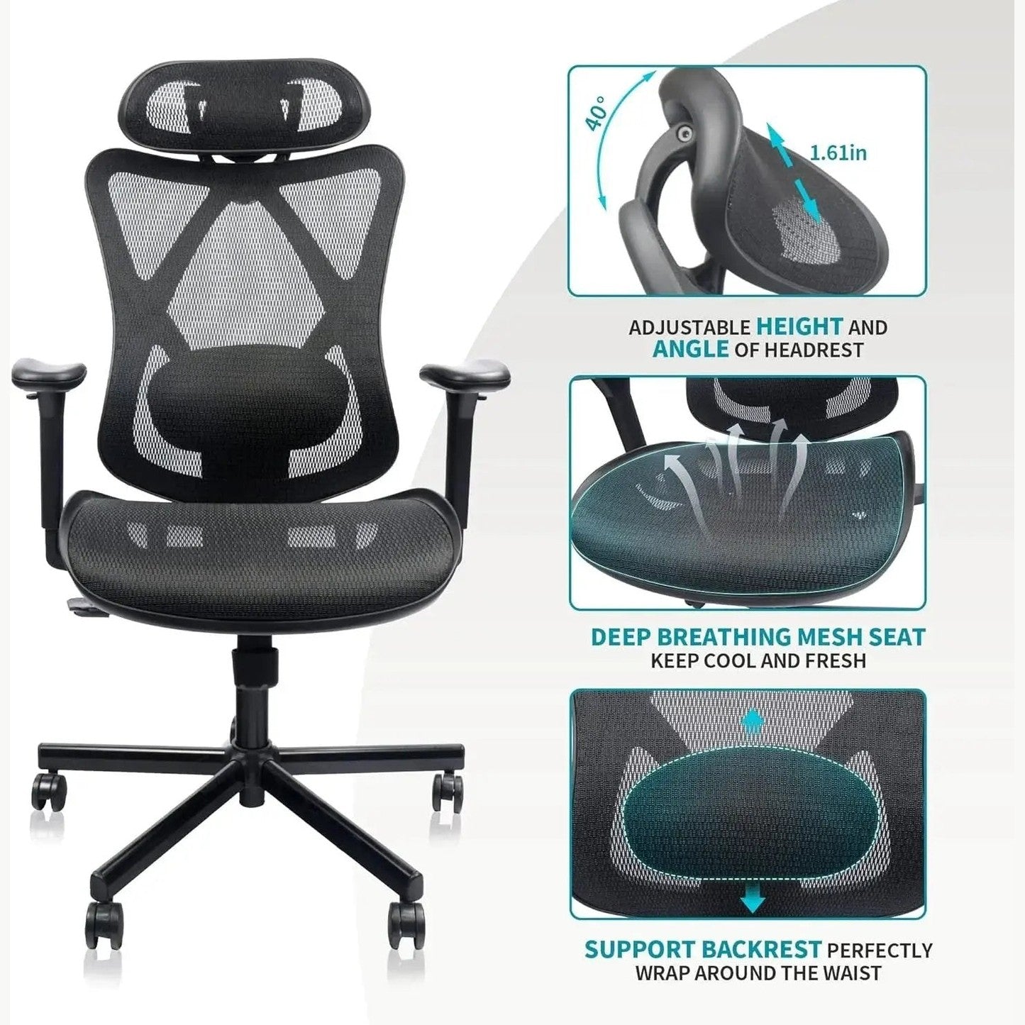 Ergonomic Mesh Office Chair Adjustable Lumbar Support Headrest by Doba