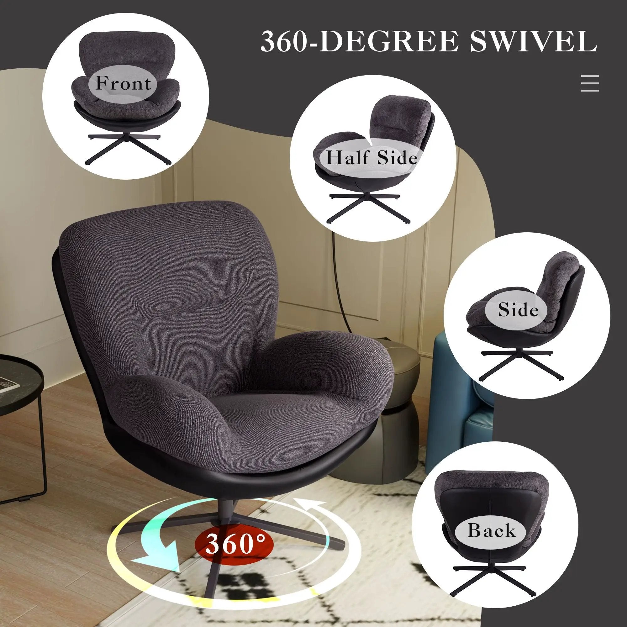 360° Swivel Accent Chair, Modern Chenille Lounge Chair with Faux Leather and Black Metal Base Frame, Comfortable Reading Chair for Small Spaces, Living Room, Bedroom, Reading Corner, Office, Dark Gray by Platinum-Level Office Chairs