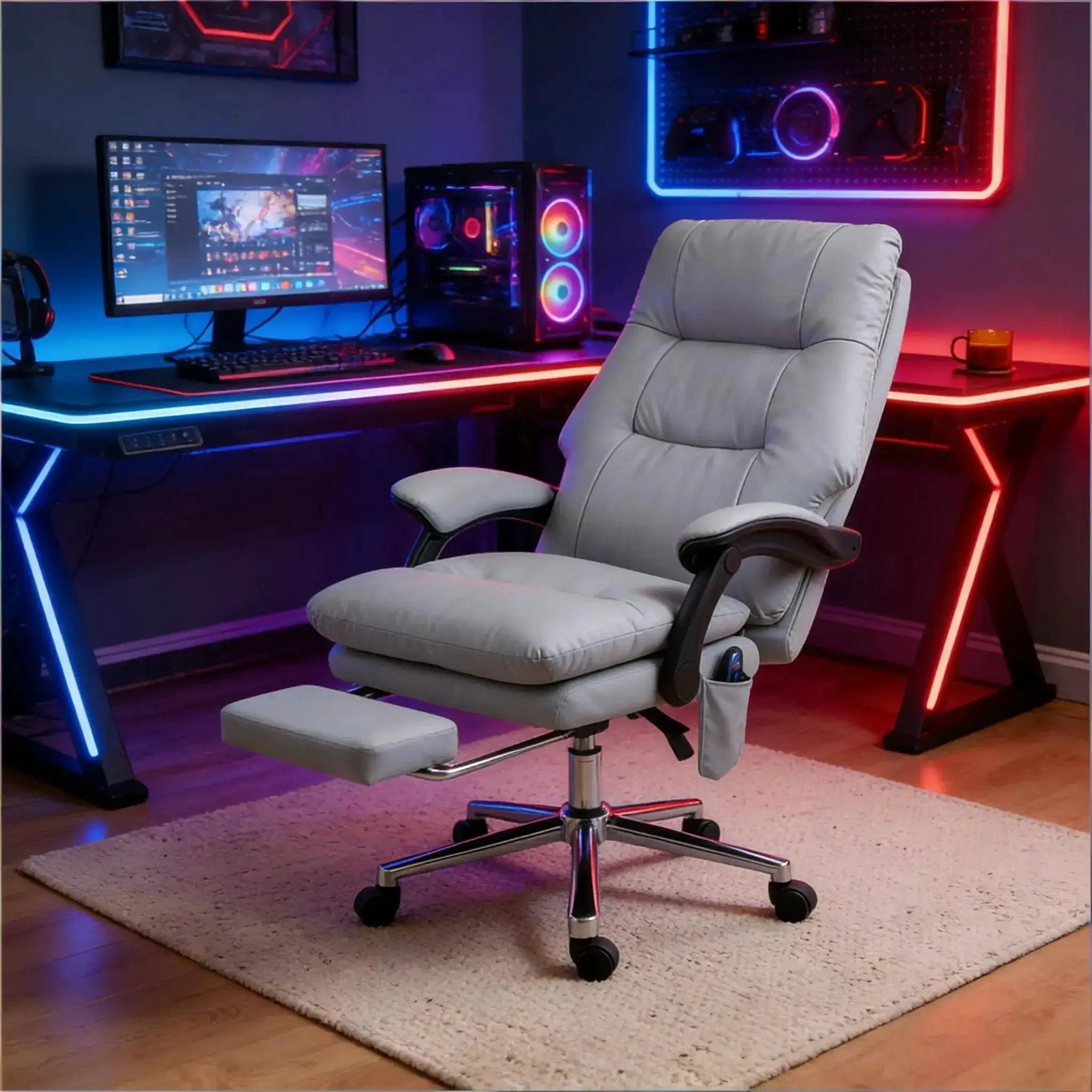 Ergonomic Massage Office Chair with Footrest - Light Gray Faux Leather - Platinum-Level Office Chairs
