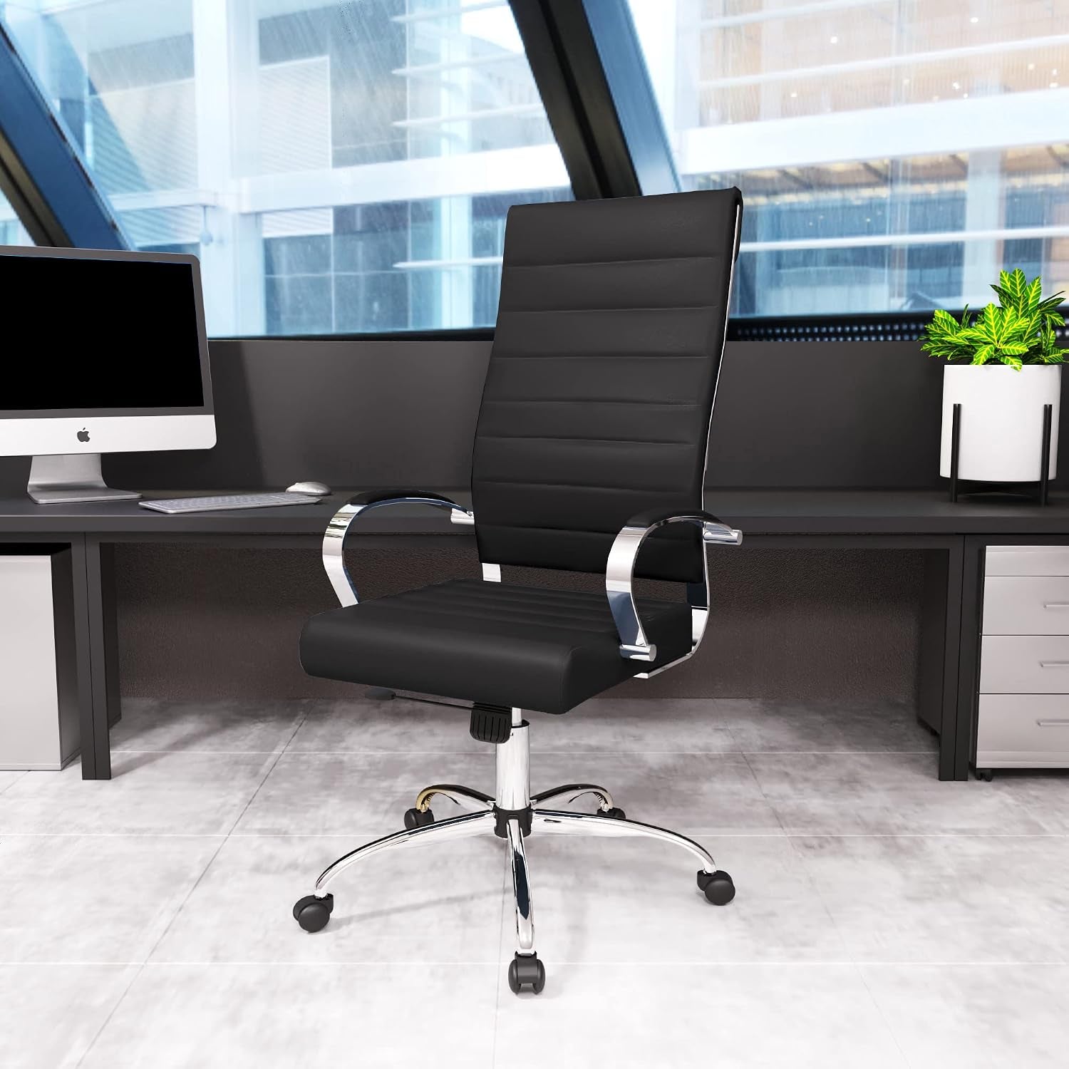 Leisuremod Benmar Modern High-Back Office Chair, 360-Degree Adjustable Swivel Task Furniture in Leather Upholstery with Ribbed Backrest for Home and Office