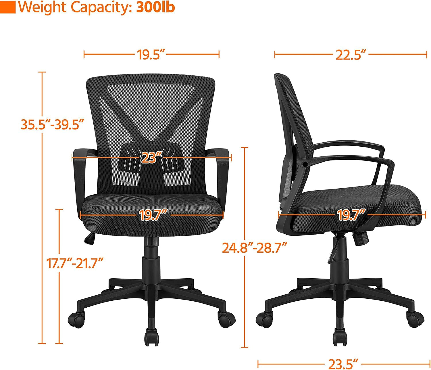 Yaheetech Mid-Back Mesh Task Office Desk Chair with Wheels and Arms, Black | Breathable Mesh Back and Foam-Padded Seat for All-Day Comfort; Sturdy Metal Frame, Height Adjustable, and Easy to Assemble