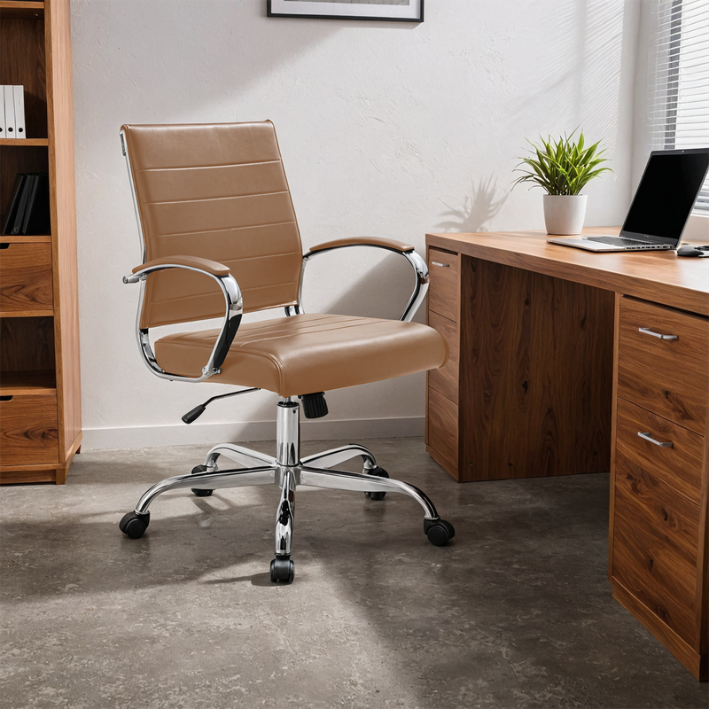 30 PCS Benmar Leather Office Desk Computer Chair with Ribbed Seat and Steel Frame - Brown