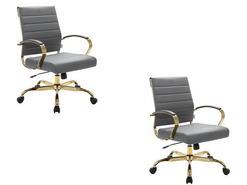 Grey leather swivel office chairs, gold accent frame, set of 2