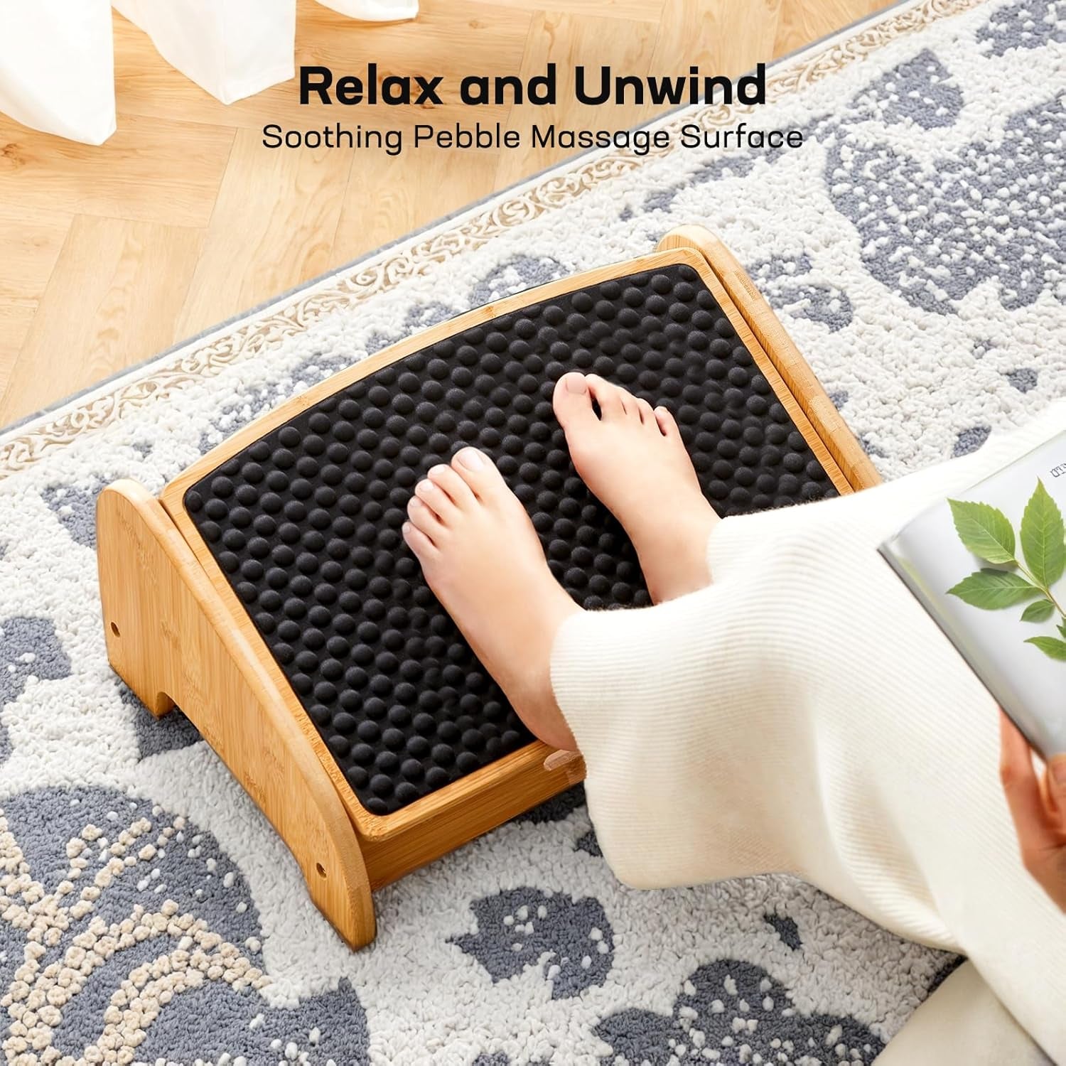 HUANUO Bamboo under Desk Footrest with 4 Heights and Massage Texture | Adjustable Angles, Non-Slip Pads, Triangular Bamboo Frame, Ergonomic Foot Rest for Home Office, Water-Resistant Surface