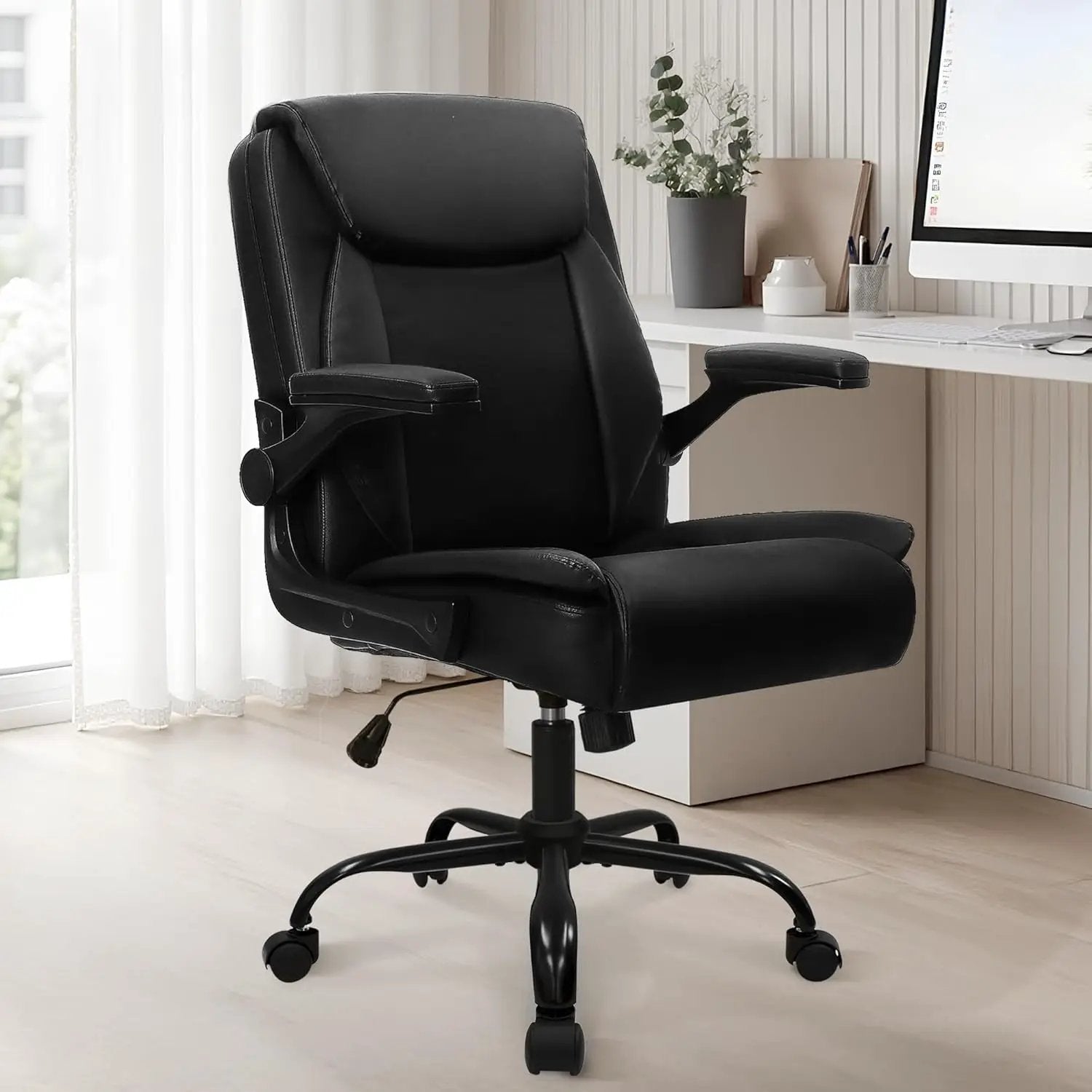 NEO CHAIR black leather ergonomic desk chair with padded flip-up arms and wheels
