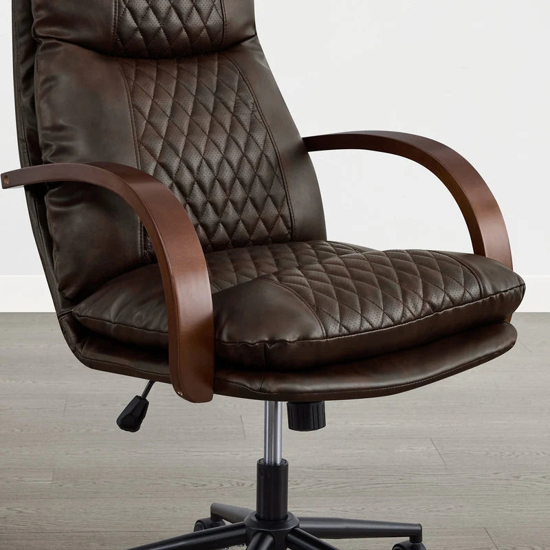 Upholstered Swivel Office Chair with Wood Arms
