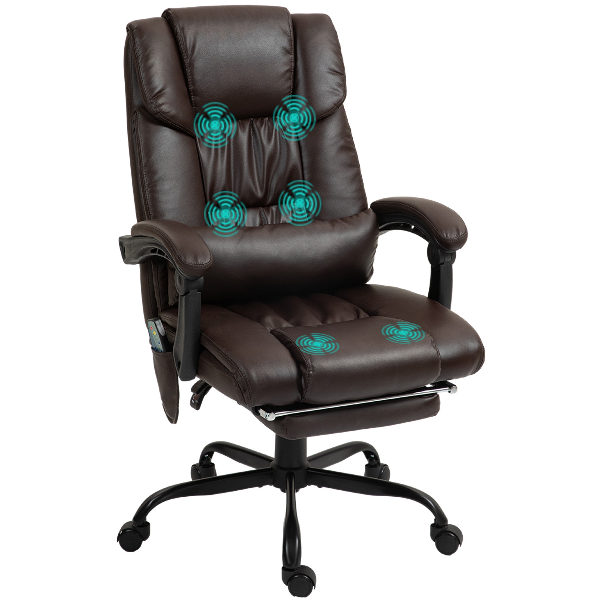 Brown faux leather high-back massage office chair showing 6 vibration points