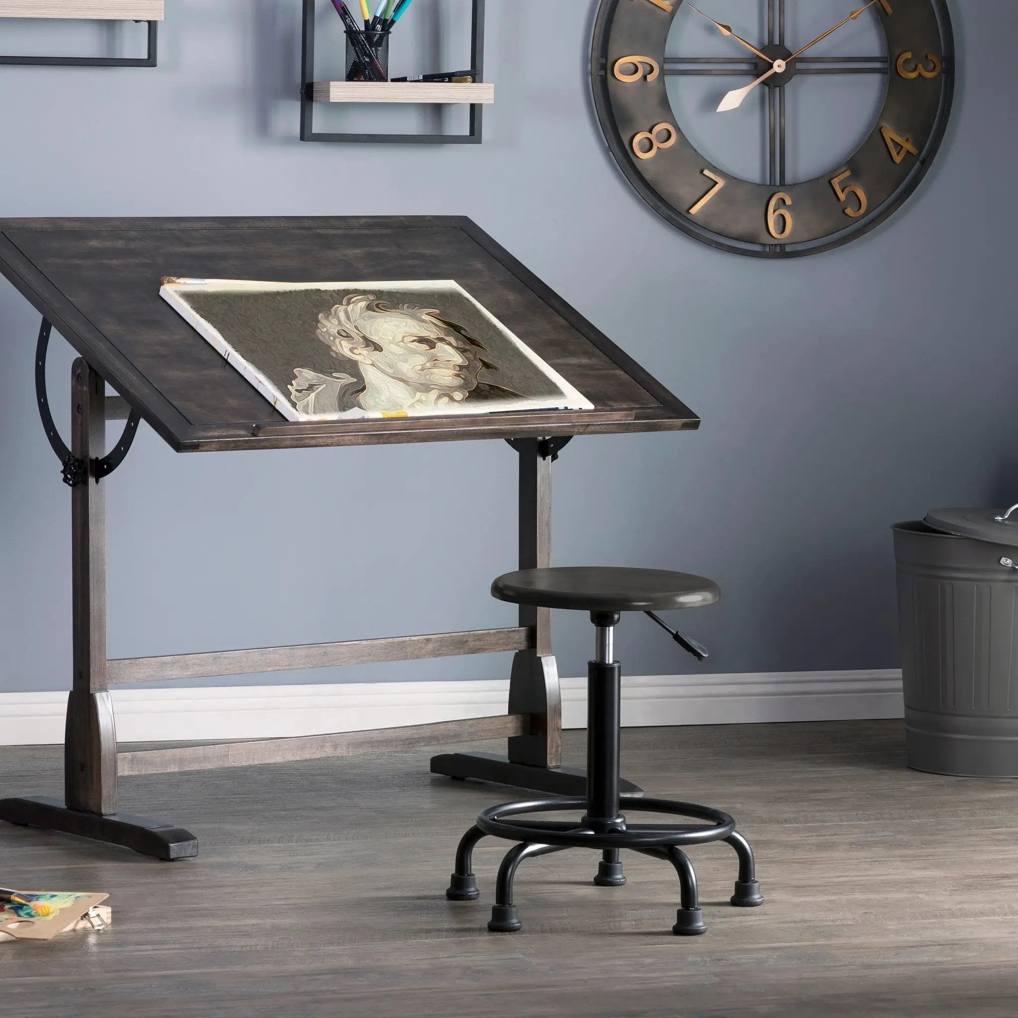 Retro Wood Drafting Stool with Adjustable Height Seat