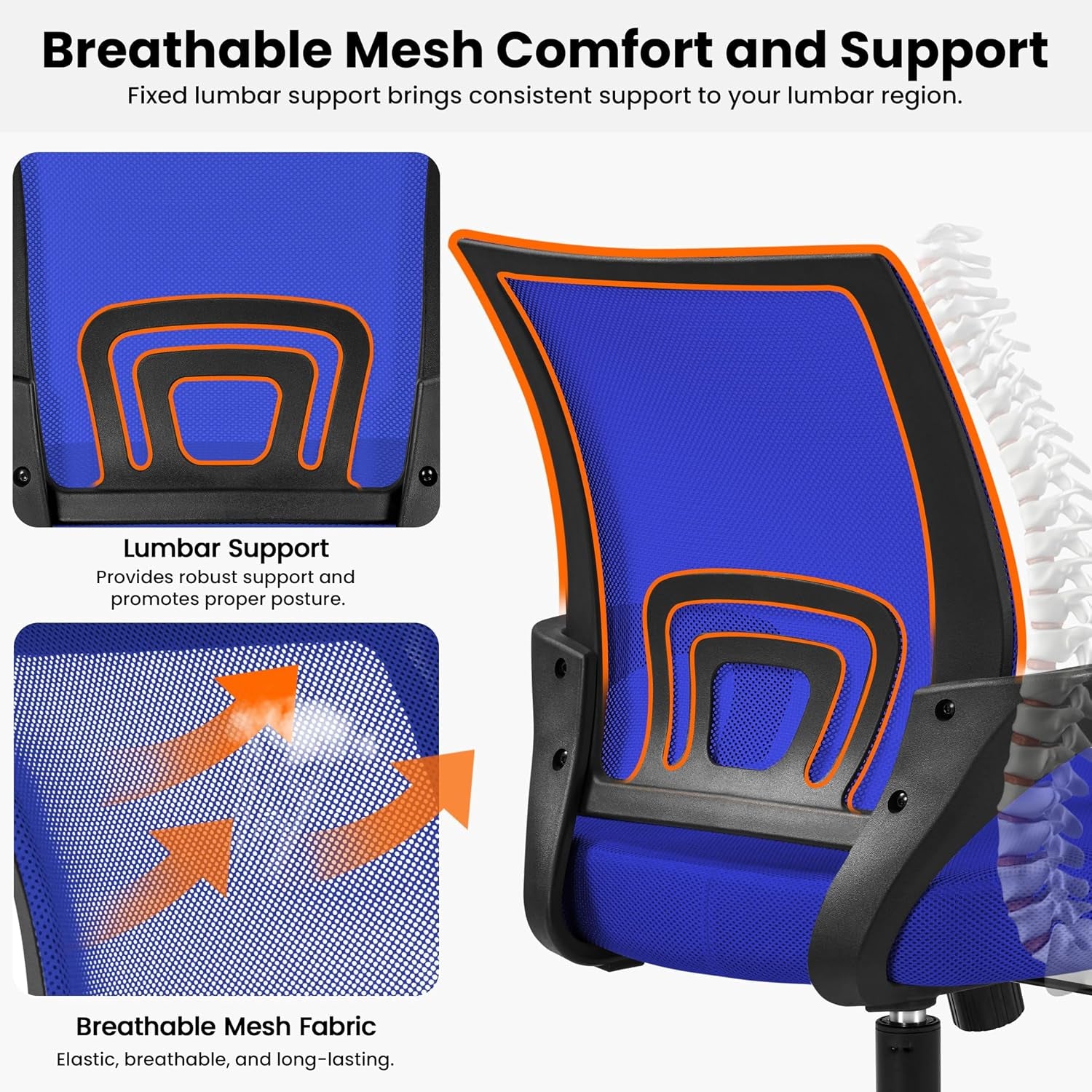 Yaheetech Mid Back Mesh Computer Office Desk Chair Adjustable Swivel, Blue | Breathable Mesh Back and Foam Padded Seat for Comfortable Work at Home or Office; Steel Frame Holds 300 Lb, Easy Assembly.
