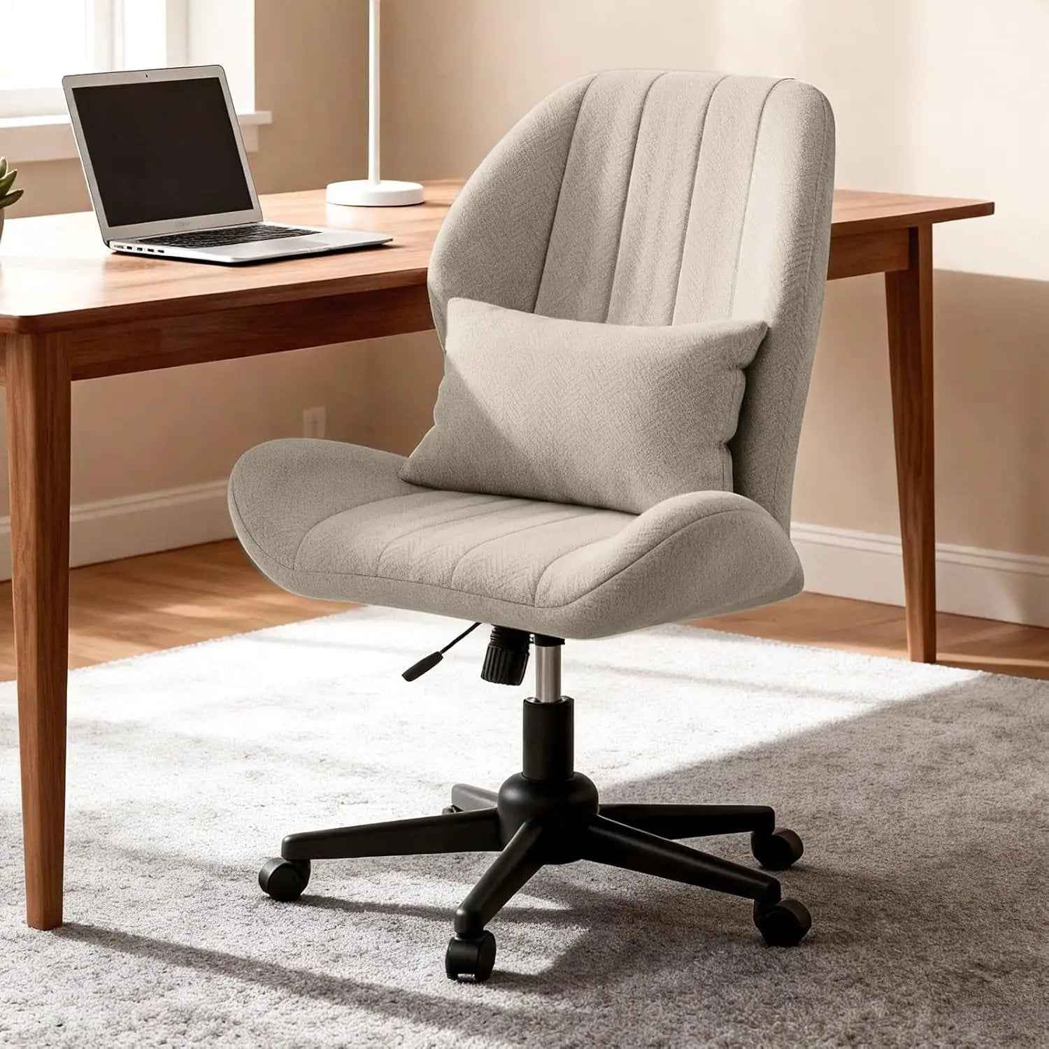 ZZW Criss Cross Chair with Wheels, Wide Cross Legged Office Chair Armless Comfy Desk Chair with Tall Back Vanity Chairs with Stress Relief Curved Design Seat for Bedroom & Office & Home Oatmeal