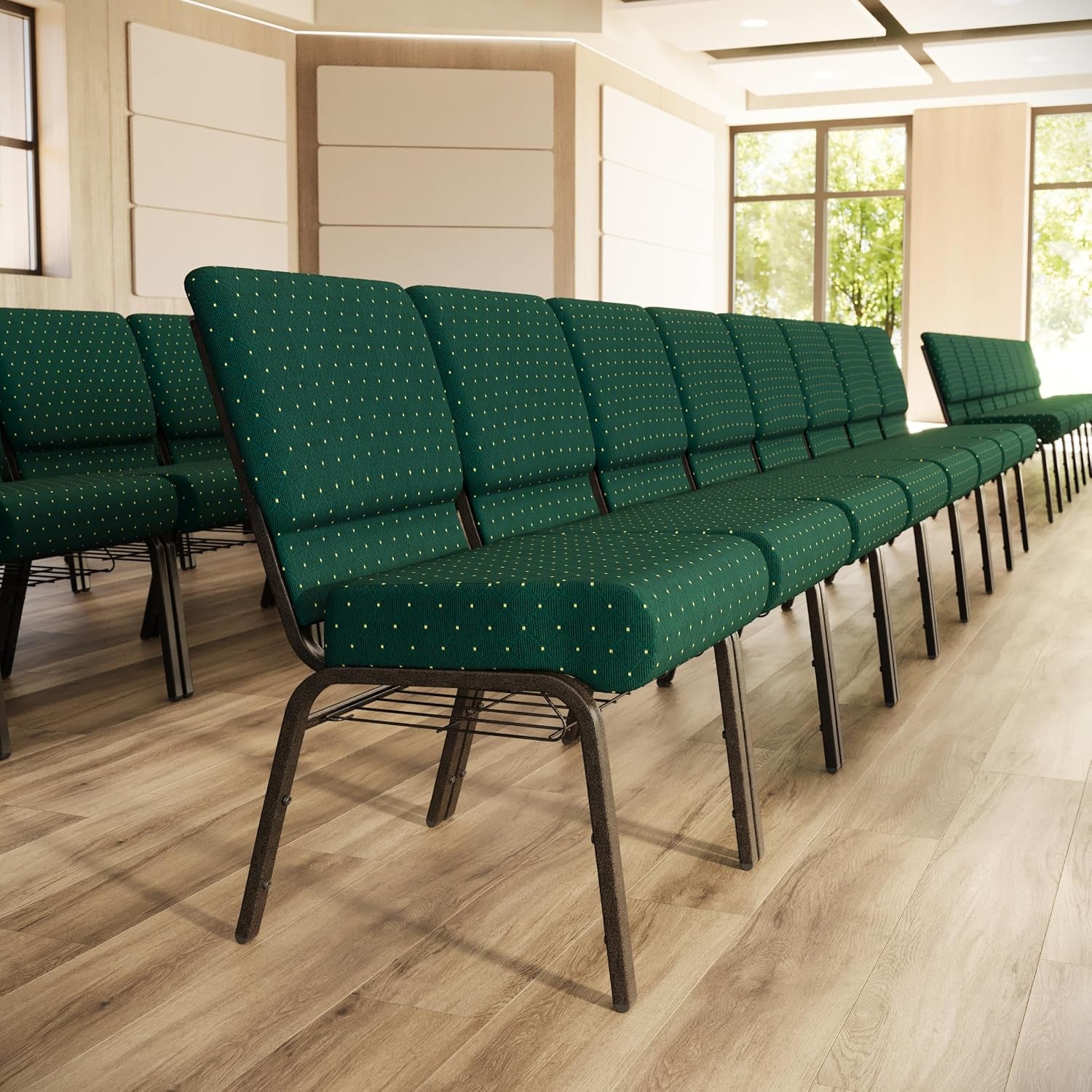 Flash Furniture HERCULES Series 21''W Church Chair in Hunter Green Dot Patterned Fabric with Book Rack - Gold Vein Frame