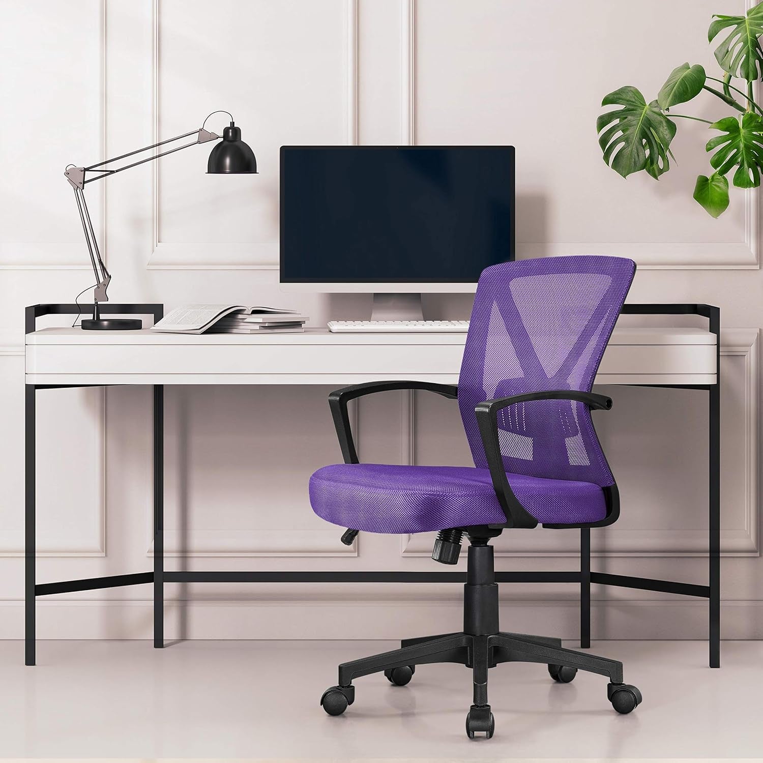Yaheetech Mid-Back Mesh Task Office Desk Chair with Wheels and Arms, Purple | Breathable Mesh Back and Foam-Padded Seat for All-Day Comfort; Sturdy Metal Frame, Height Adjustable, and Easy to Assemble