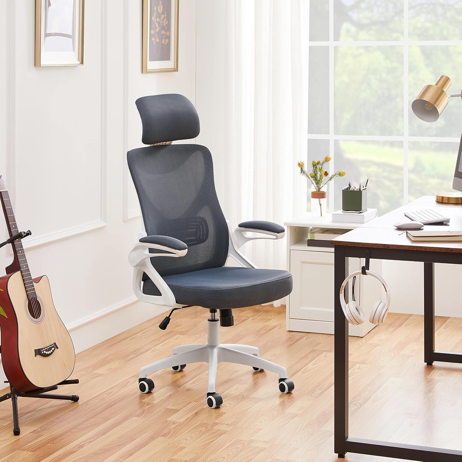 Yaheetech Ergonomic Office Chair with Headrest, Lumbar Support, White/Gray | Breathable Mesh High-Back Adjustable Headrest, Padded Seat, and Flip-Up Armrests Supports Your Back and Neck, Holds 300Lb