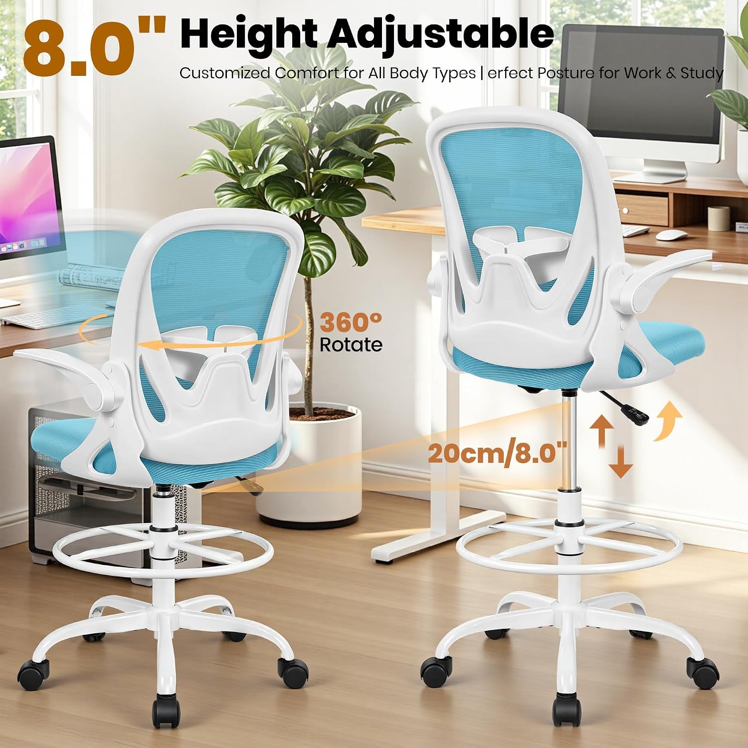 Primy Drafting Chair Tall Office Chair with Flip-Up Armrests Executive Ergonomic Computer Standing Desk Chair with Lumbar Support and Adjustable Footrest Ring（Blue）