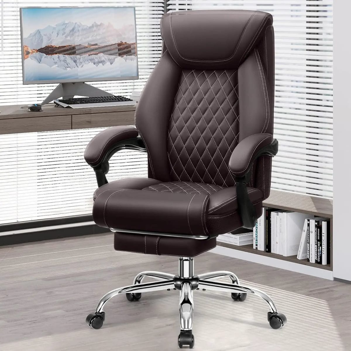 Ergonomic big and tall office chair by BestGlory with high back, breathable leather, lumbar support, flip-up armrests, and rocking feature.