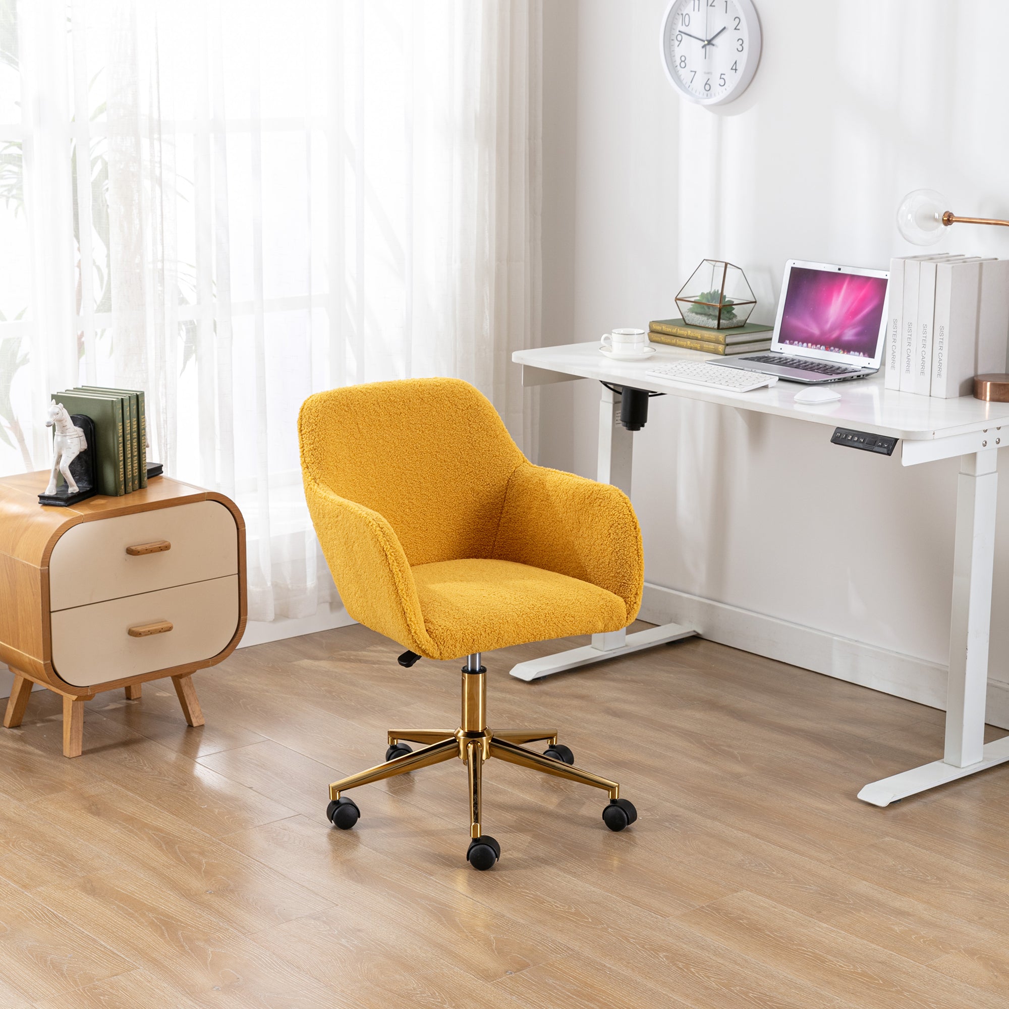 Modern Teddy Fabric Home Office Chair, Gold Legs, Yellow
