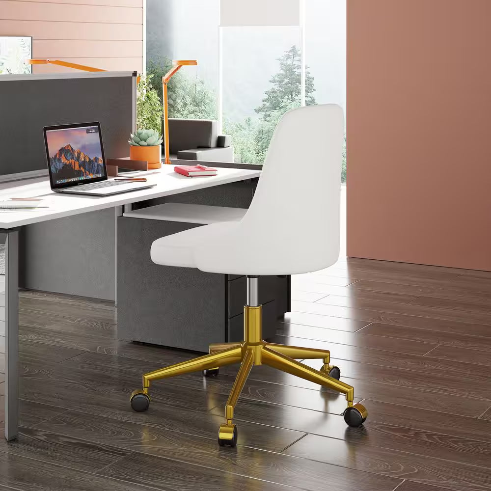 Height-Adjustable Velvet Office Chair with 360° Swivel, Gold Base, Rolling Desk Chair White for Living Room or Makeup