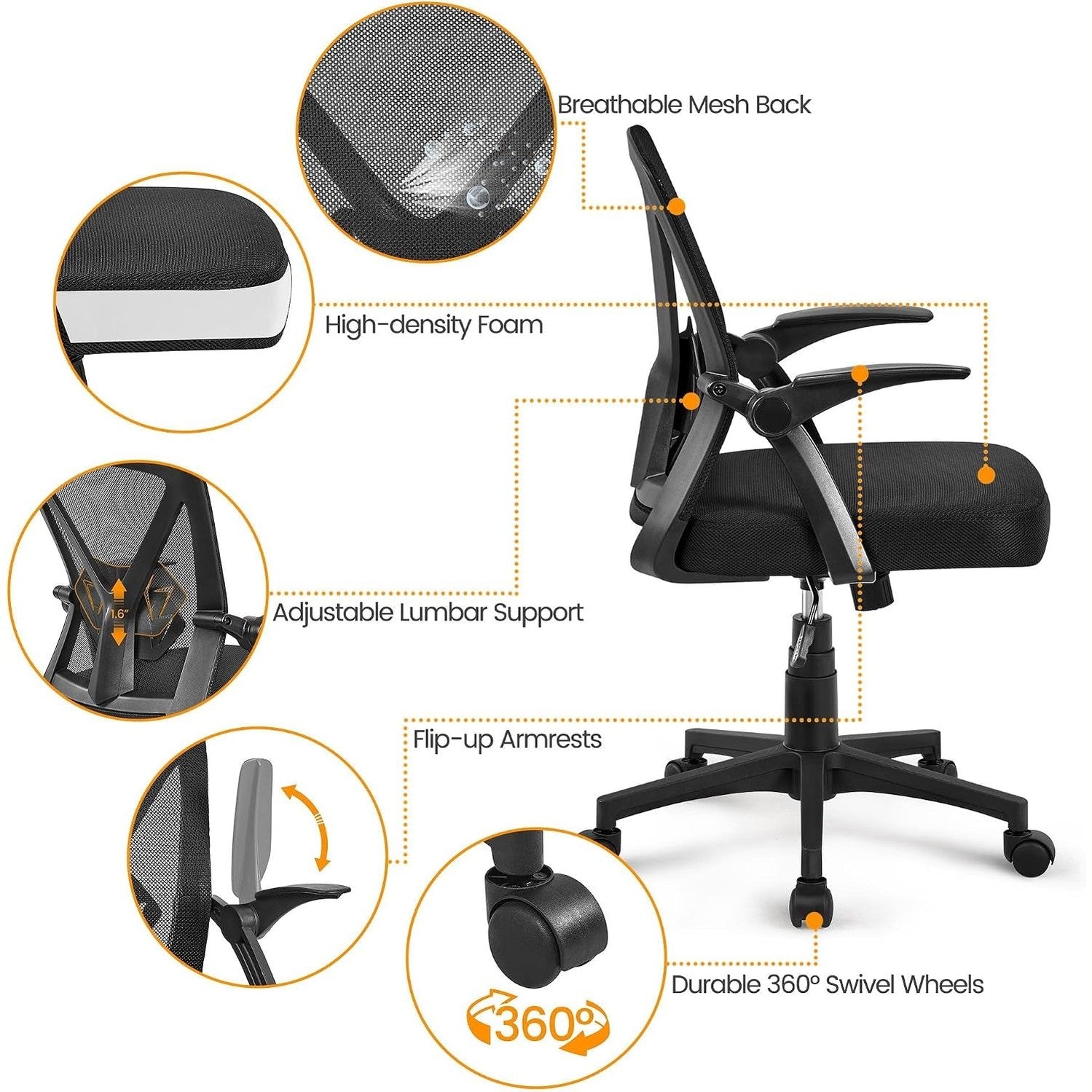 Yaheetech Mid-Back Mesh Task Office Desk Chair with Flip-Up Arms, Black | Breathable Mesh Back and Foam-Padded Seat for All-Day Comfort; Sturdy Metal Frame, Height Adjustable, and Easy to Assemble