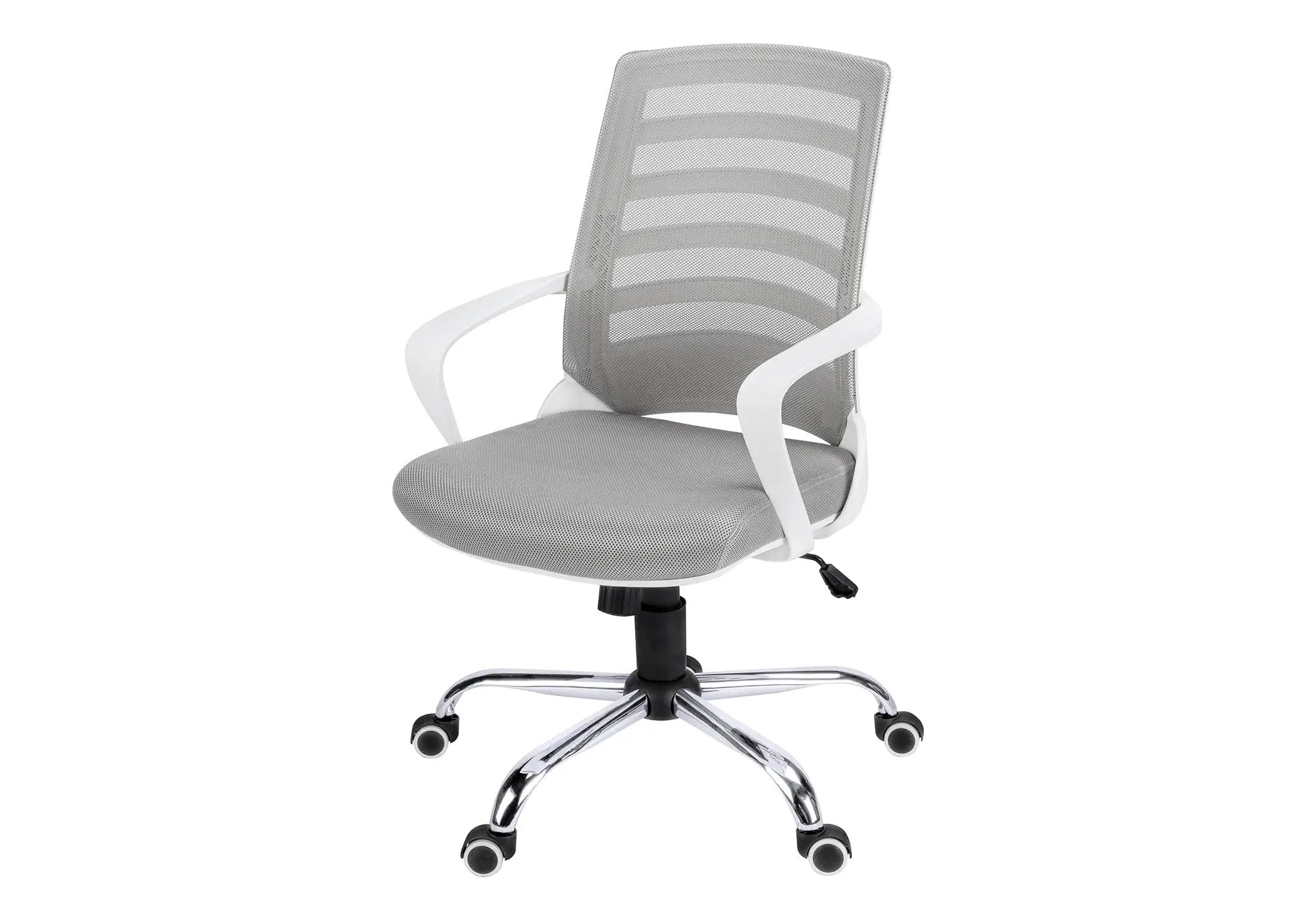 Office chair with grey mesh back, grey fabric seat, white arms, chrome base, adjustable height, swivel