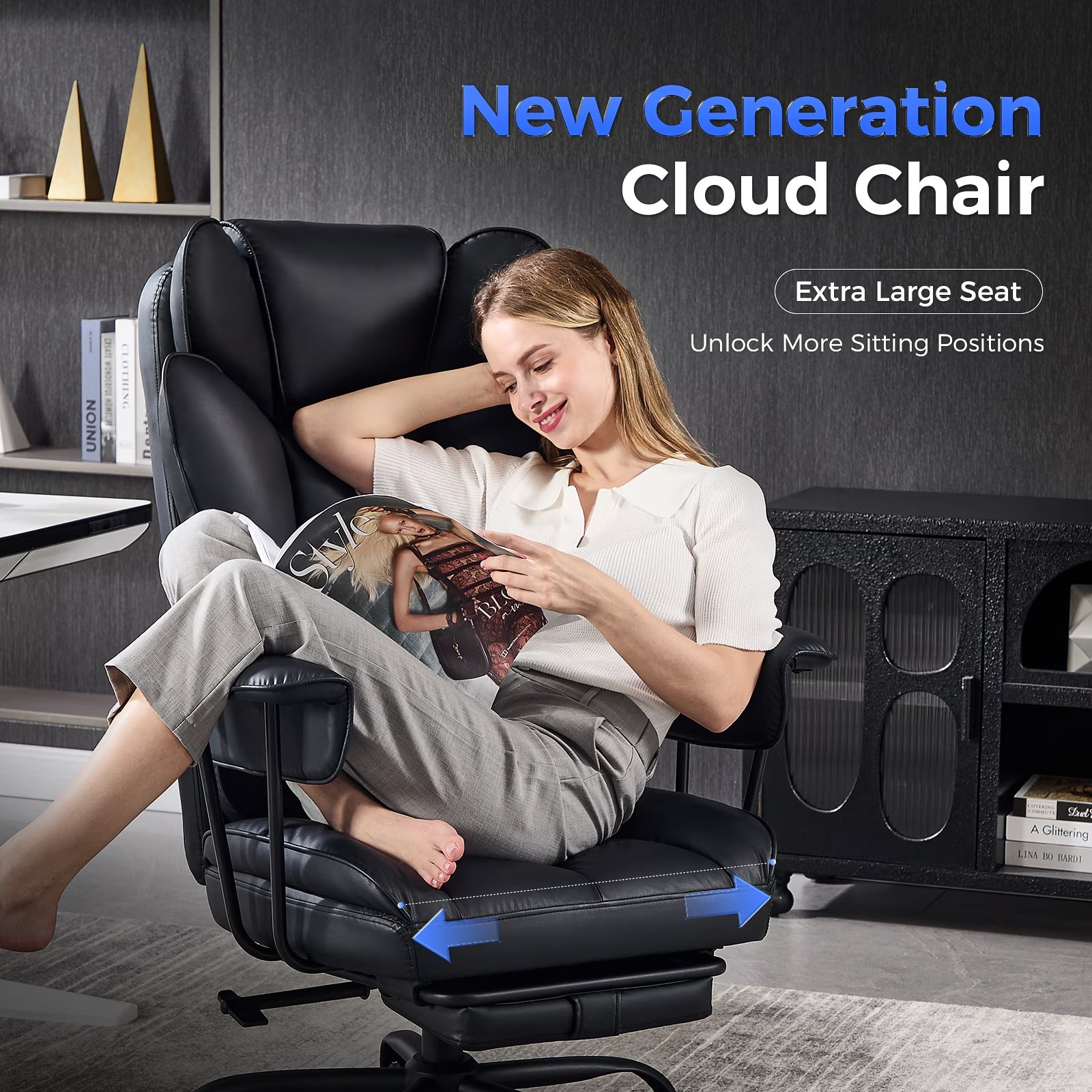 TMV Big and Tall Office Chair -High Back PU Leather Office Chair with Footrest, Wide Seat and Lumbar Support, Black