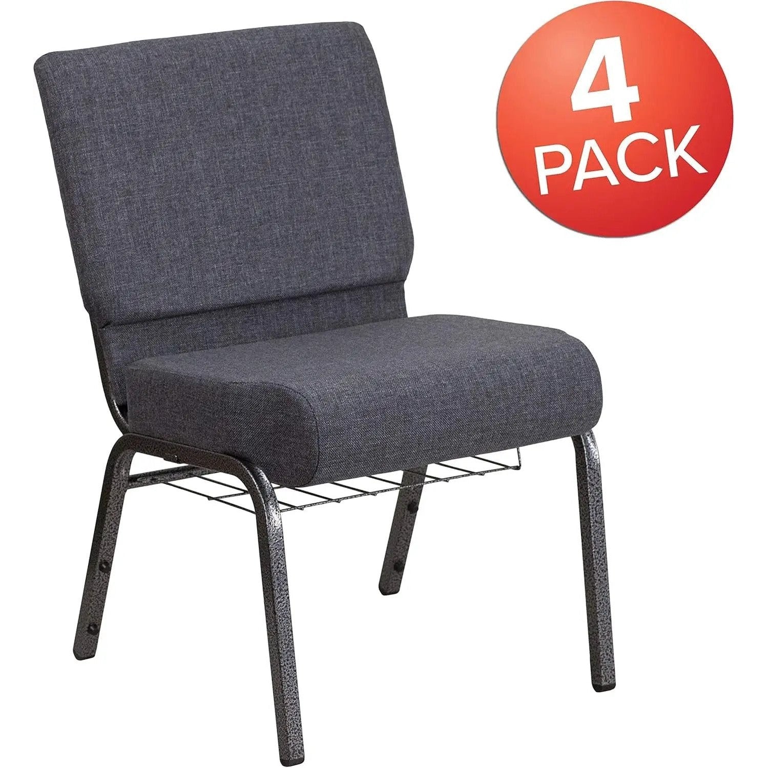 Flash Furniture 4 Pack HERCULES Series 21''W Church Chair in Dark Gray Fabric with Book Rack - Silver Vein Frame by 5 years limited.