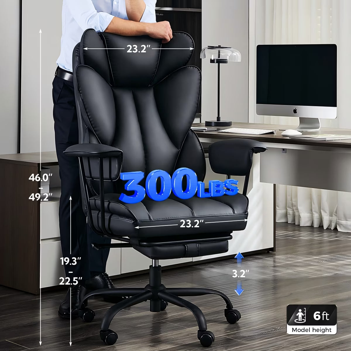 TMV Big and Tall Office Chair -High Back PU Leather Office Chair with Footrest, Wide Seat and Lumbar Support, Black