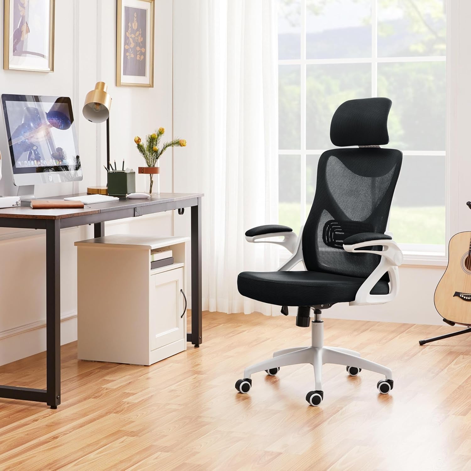 Yaheetech Ergonomic Office Chair with Headrest, Lumbar Support, White/Black | Breathable Mesh High-Back Adjustable Headrest, Padded Seat, and Flip-Up Armrests Supports Your Back and Neck, Holds 300Lb