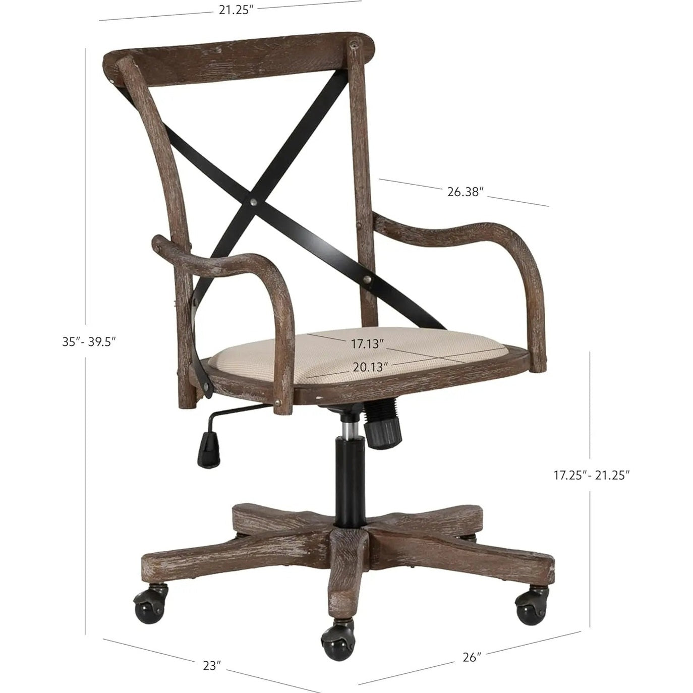 Linon Mavis greywashed wood cafe-style office chair with rolling base and adjustable height