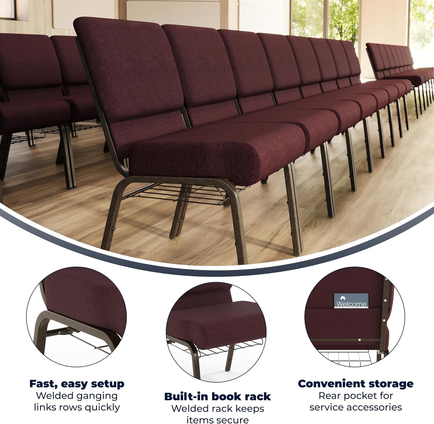 Flash Furniture HERCULES Series 21''W Church Chair in Plum Fabric with Cup Book Rack - Gold Vein Frame