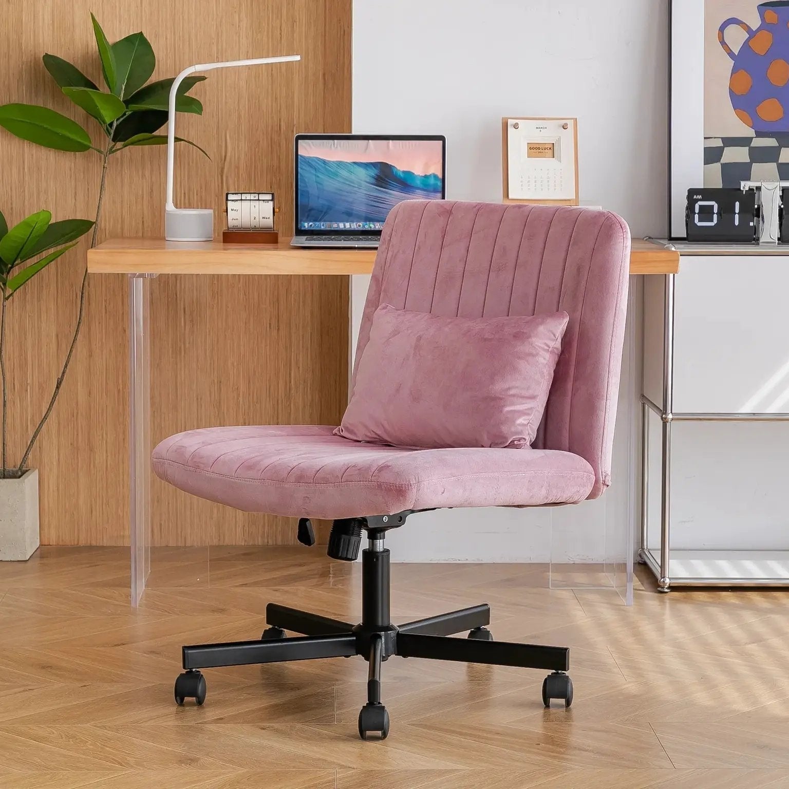 Light Pink Velvet Criss Cross Armless Office Chair With Wheels Makeup by Platinum-Level Office Chairs