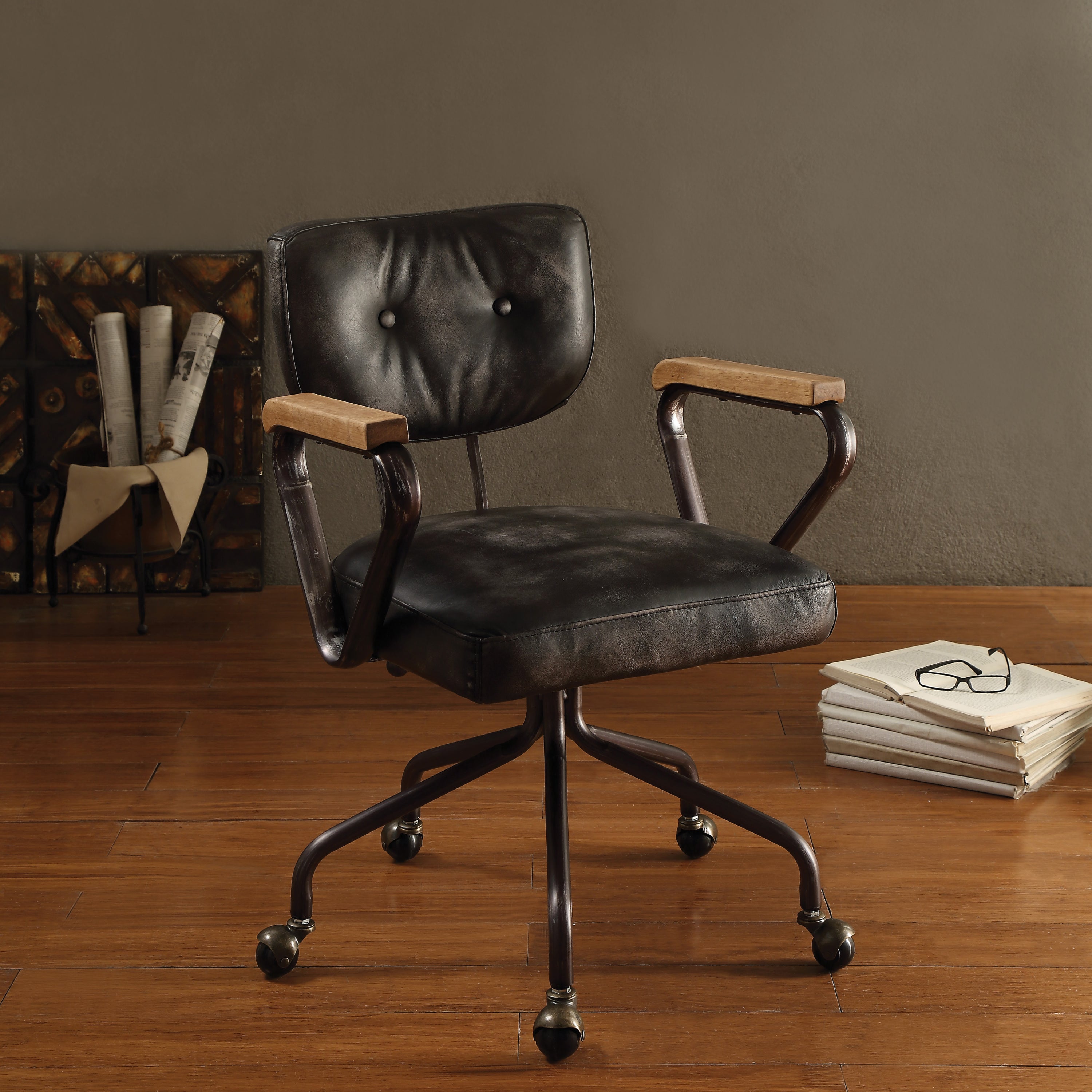 Black Top Grain Leather Swivel Office Chair with Nailhead Trim