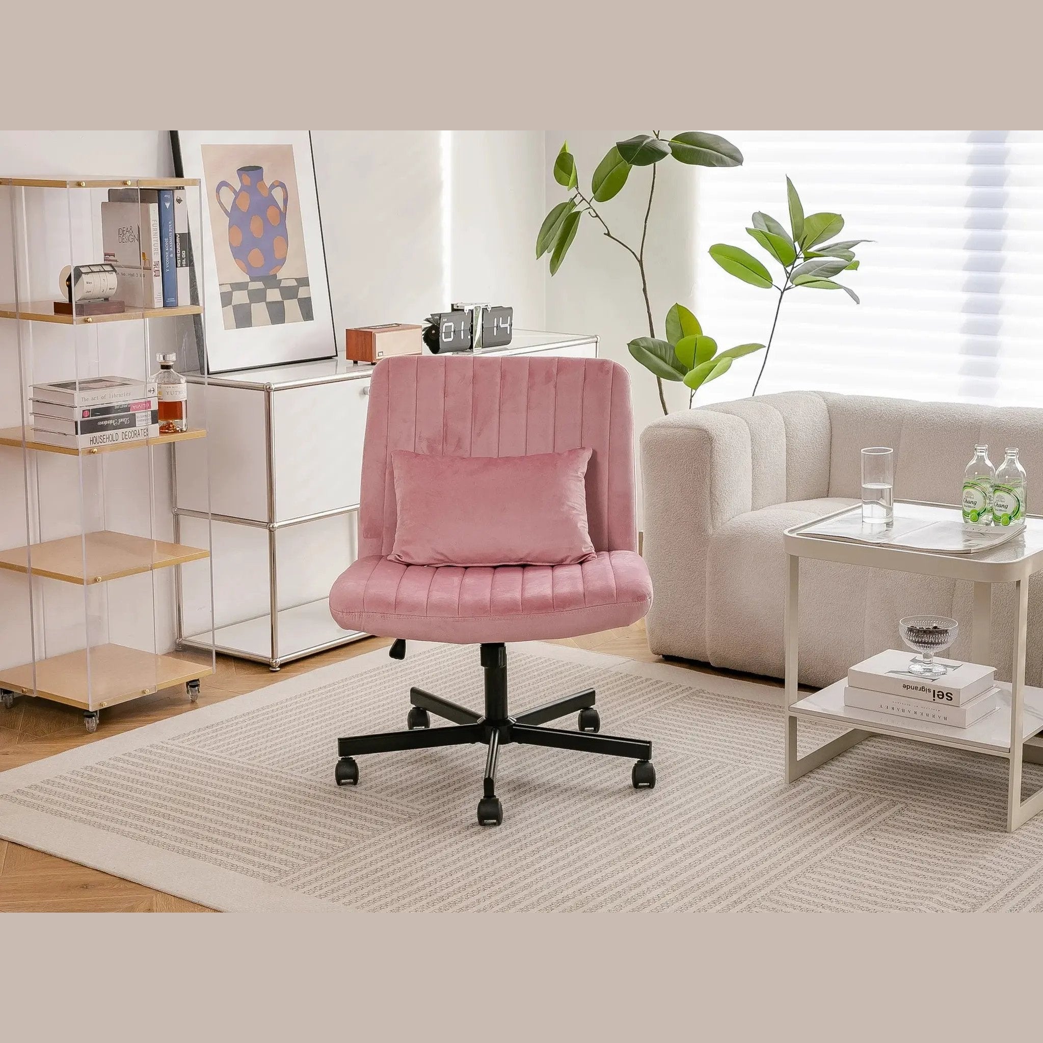 Light Pink Velvet Criss Cross Armless Office Chair With Wheels Makeup by Platinum-Level Office Chairs