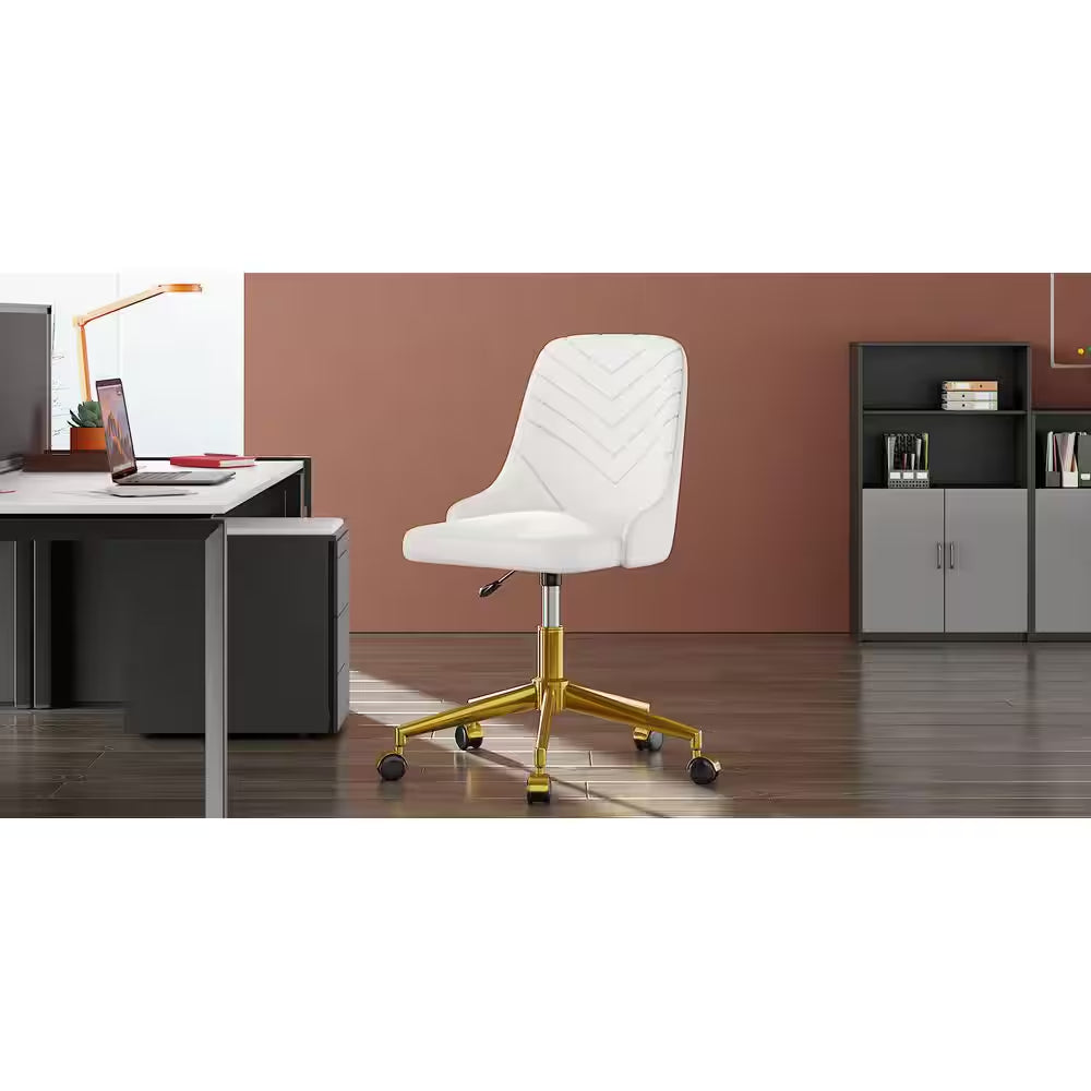 Height-Adjustable Velvet Office Chair with 360° Swivel, Gold Base, Rolling Desk Chair White for Living Room or Makeup