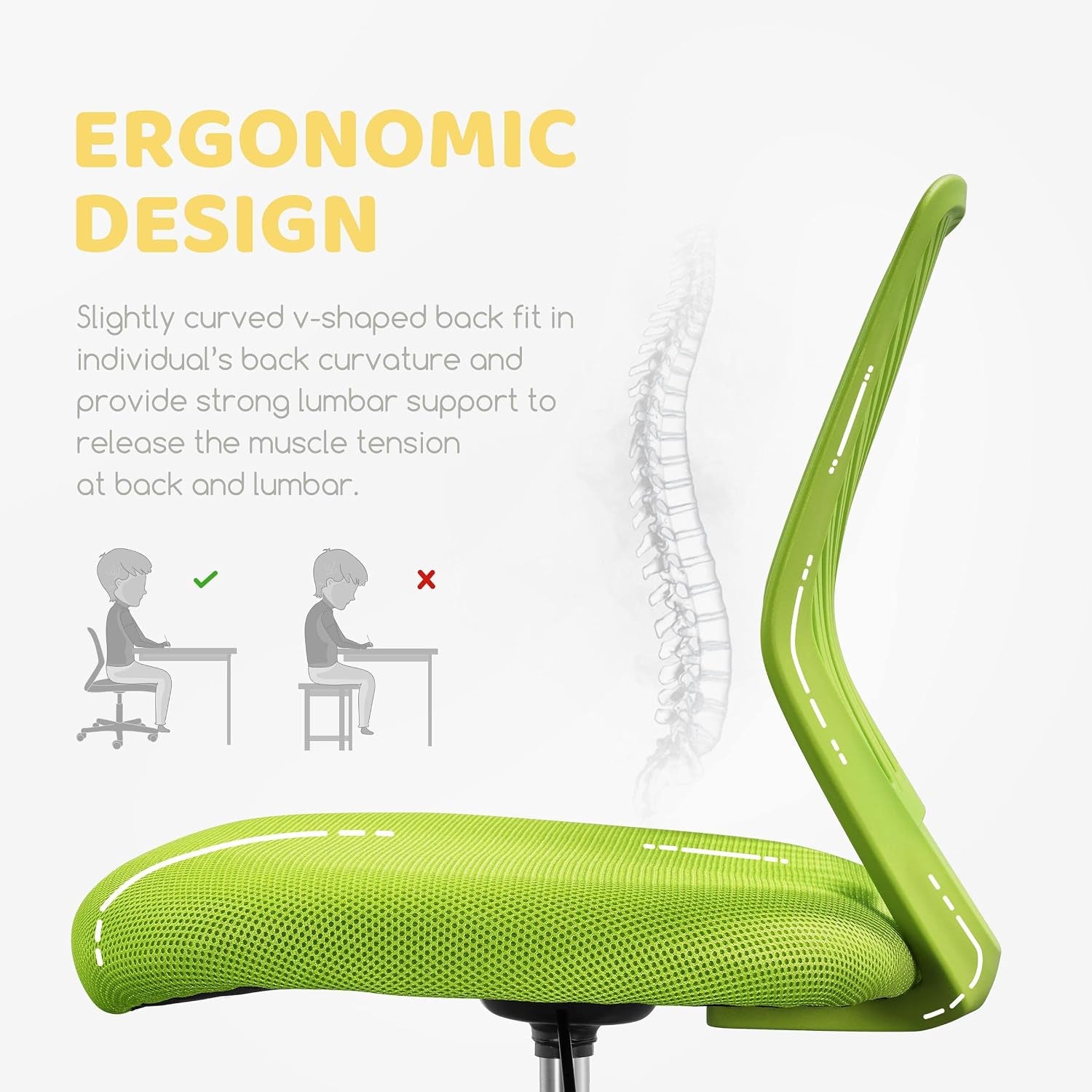 Yaheetech Small Desk Chair, Armless Adjustable Swivel Seat, Green | Padded Mesh Seat and Ventilated Resin Back, Compact Armless Frame Rolls and Adjusts for Study and Small Desks, Holds 300 Lb.