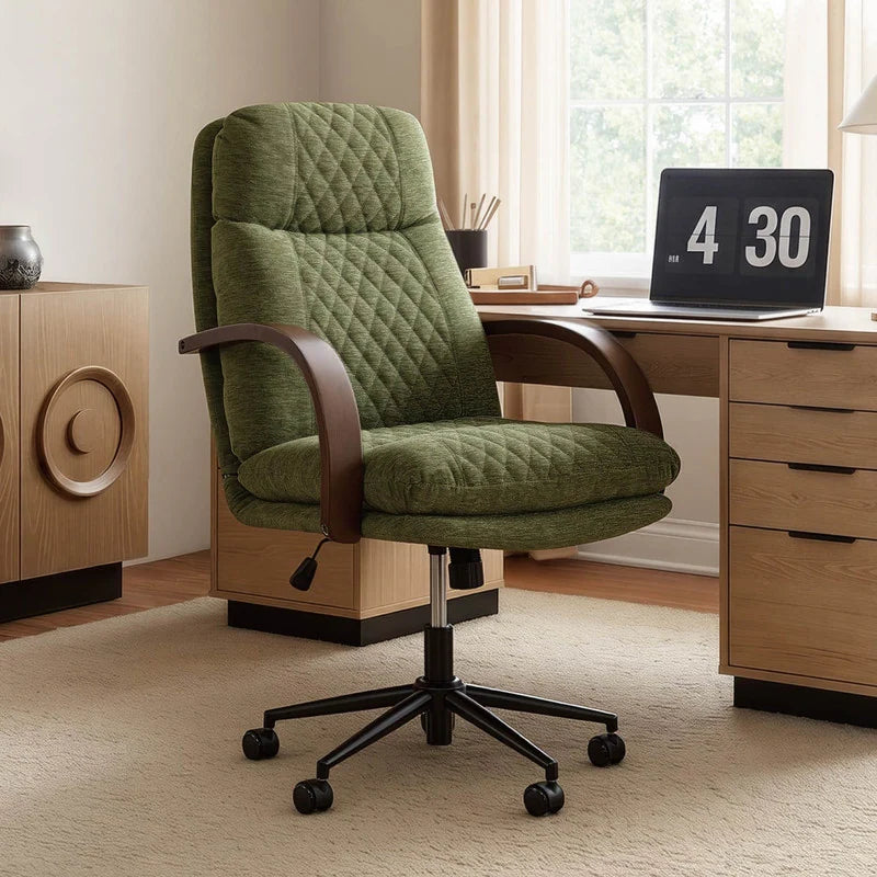 Upholstered Swivel Office Chair with Wood Arms
